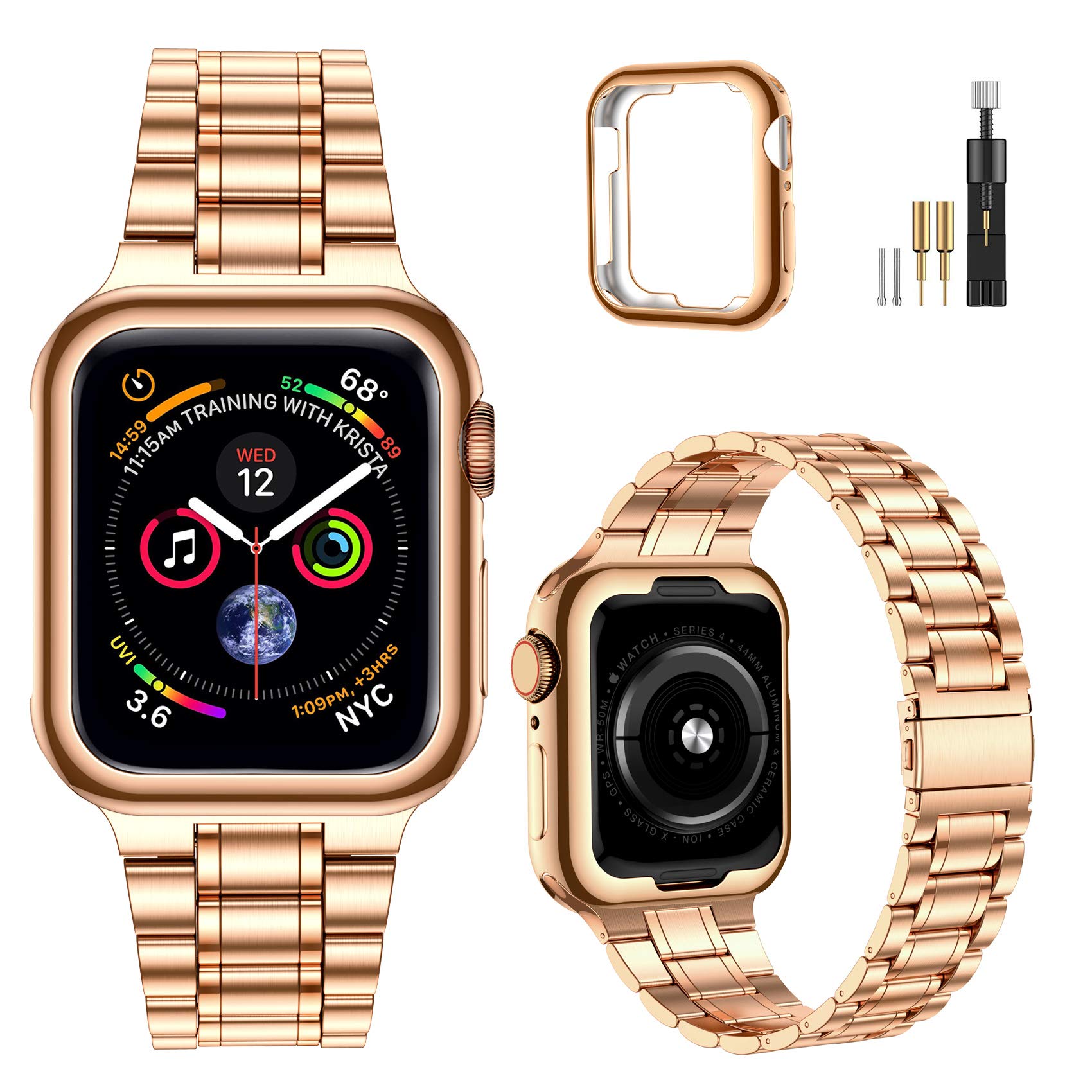 Miohhr Solid Stainless Steel Band Compatible With Apple Watch 45Mm, Metal Strap With Soft Tpu Case For Iwatch Series 9 8 7 45Mm