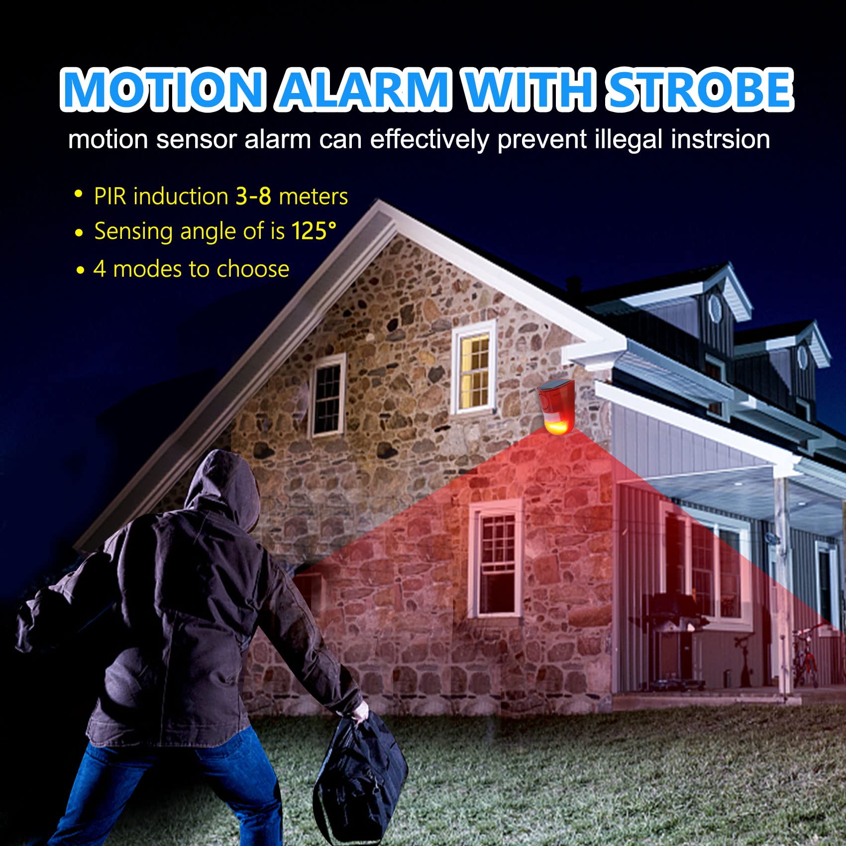 Chunhee Solar Sound & Light Alarm Outdoor Motion Sensor 129Db Siren Sound Alert & 6Leds Flash Warning Security Alarm System For Farm,Villa,Home,Yard,Barn 4 Pack