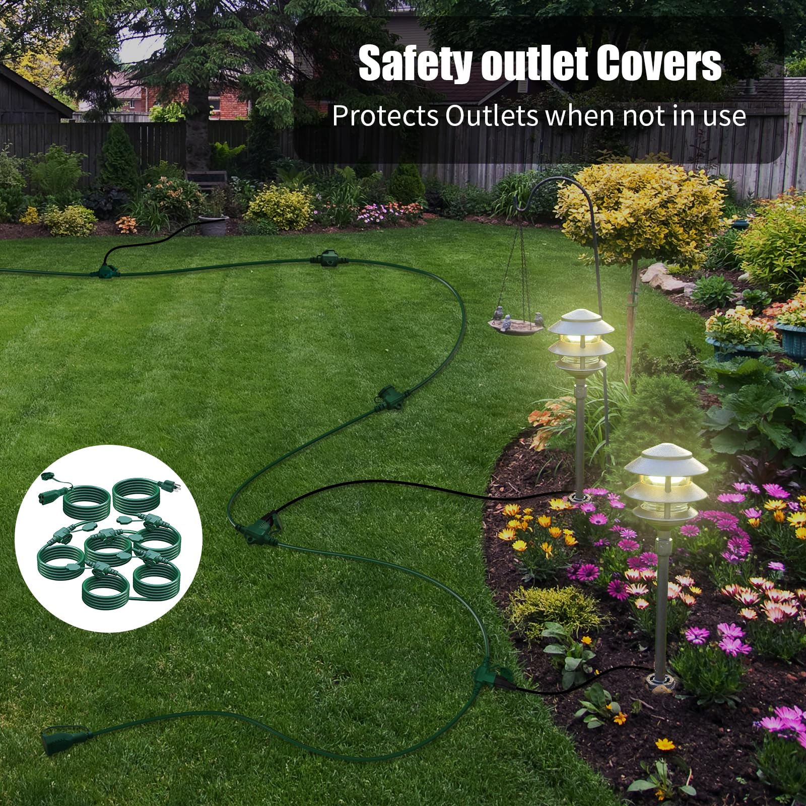 Makevivi 50Ft Outdoor Extension Cord Multiple Plugs  Evenly Spaced 6 Outlets Plugs With Safety Cover, 16/3 Sjtw Green Outdoor Ex
