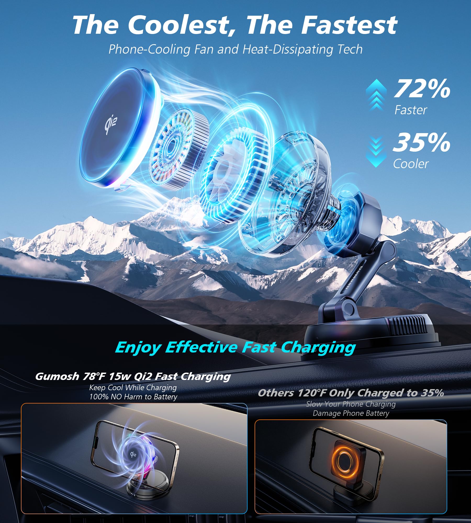 For Qi2 15W Magsafe Car Mount Charger With Cooling Fan, [Rapid Charging Cooler With Rgb Lights], 78+Lbs Stronger Suction Wireles