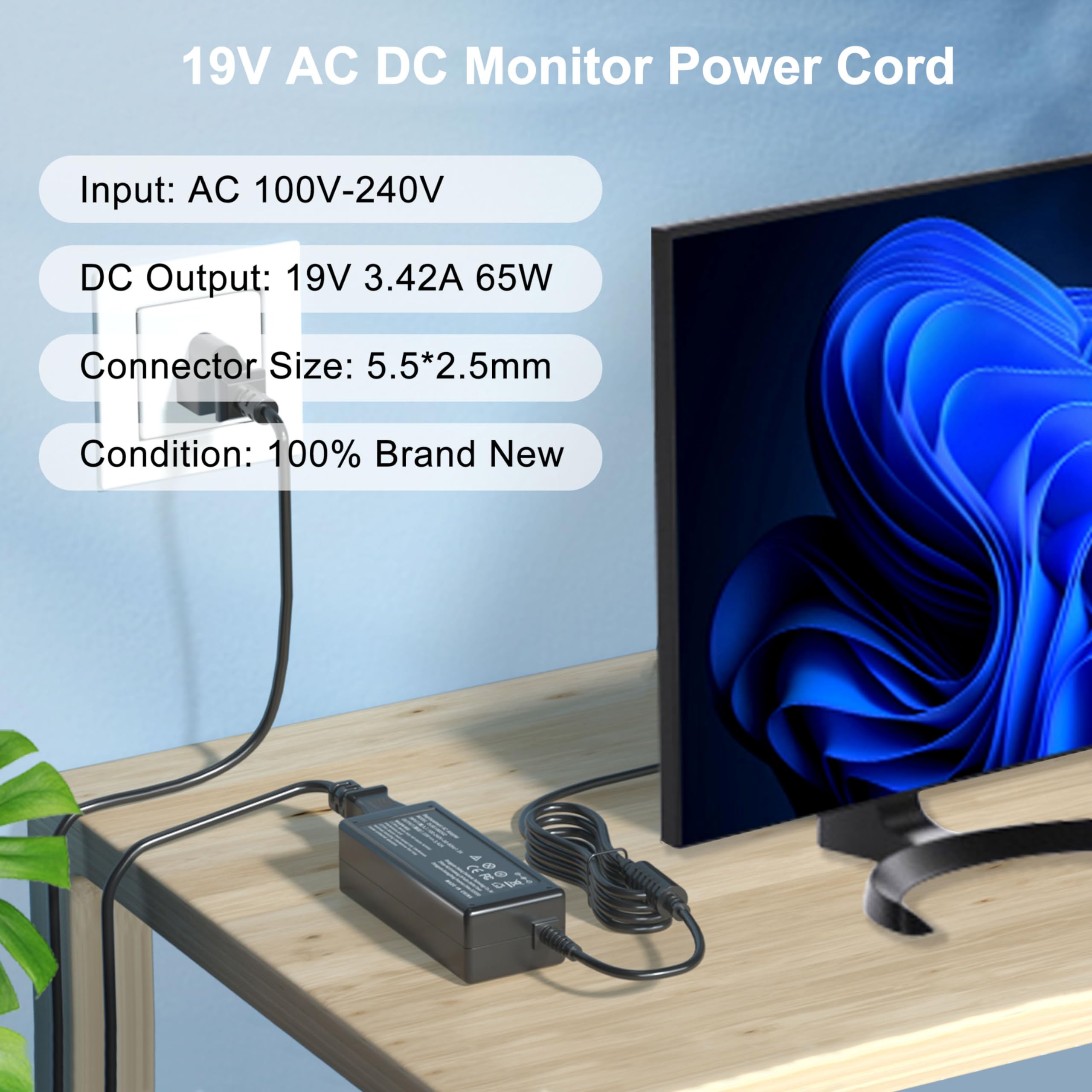 Dongni 19V Ac Adapter Power Cord For Hp Monitor 27'' 25'' 23.8'' 23'' 21.5'' 20'' 27F 27Er 27Es 23Es 24F 25Er 27Xi 27Bw 22Bw 23E