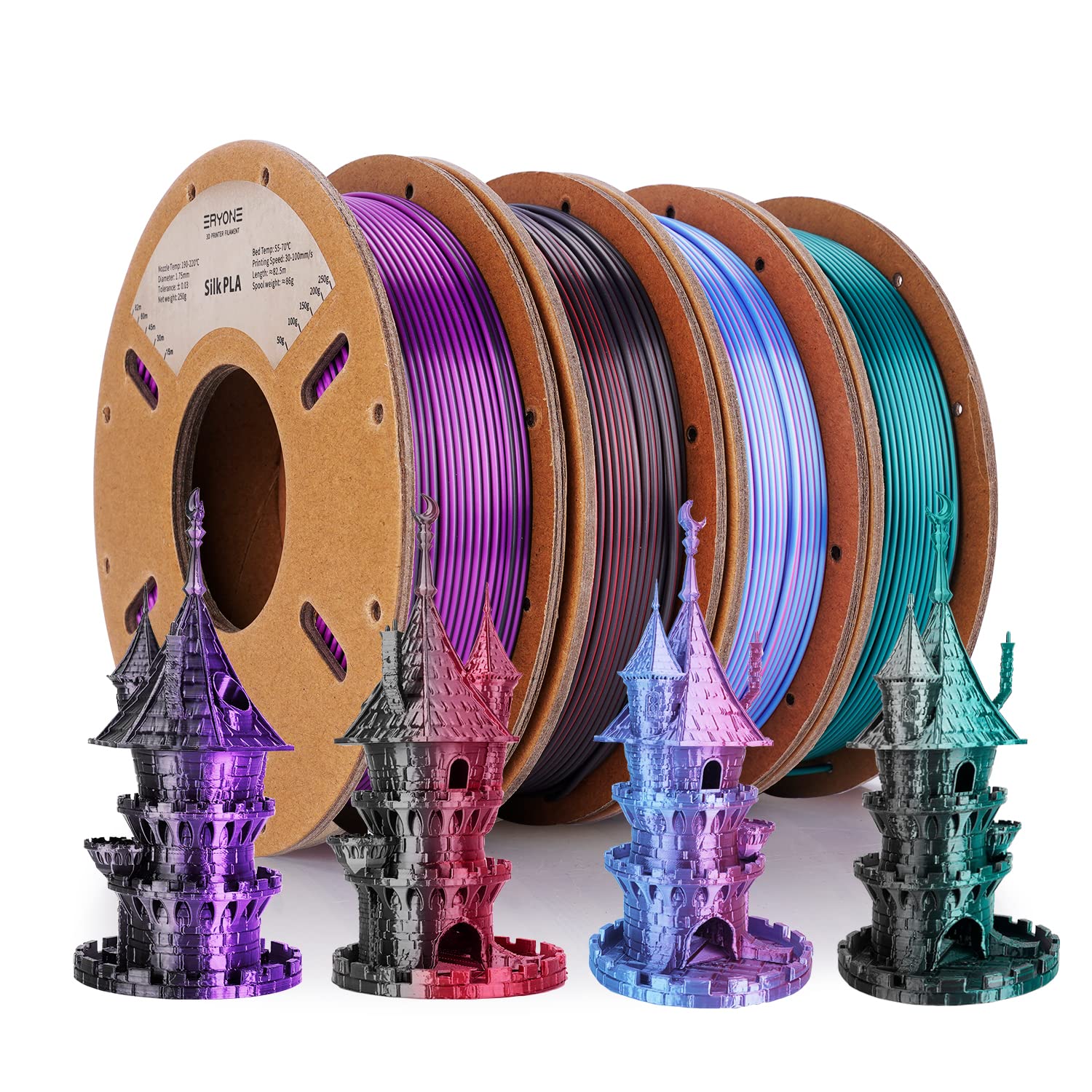 ERYONE Silk Dual Color Filament Bundle, PLA 3D Printer 1.75mm +/- 0.03mm, Silk Coextrusion PLA Filament 250gX4 Spools, Rose&Ligh