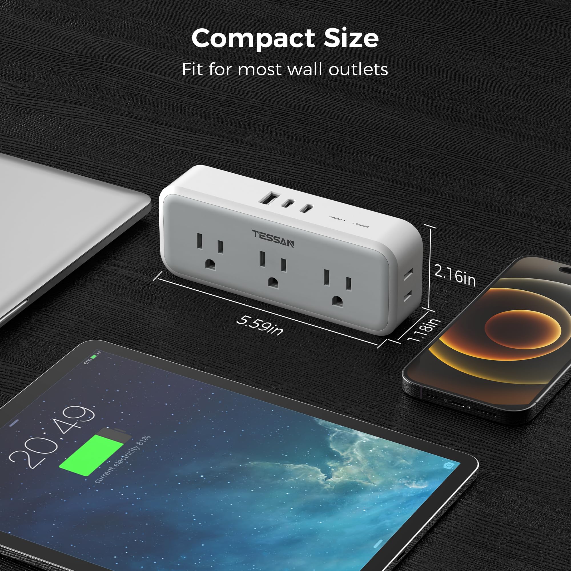 Multi Plug Outlet Extender, Usb Wall Charger, Tessan Multiple Outlet Splitter With 5 Outlets And 3 Usb (2 Usb C), Electrical Pow