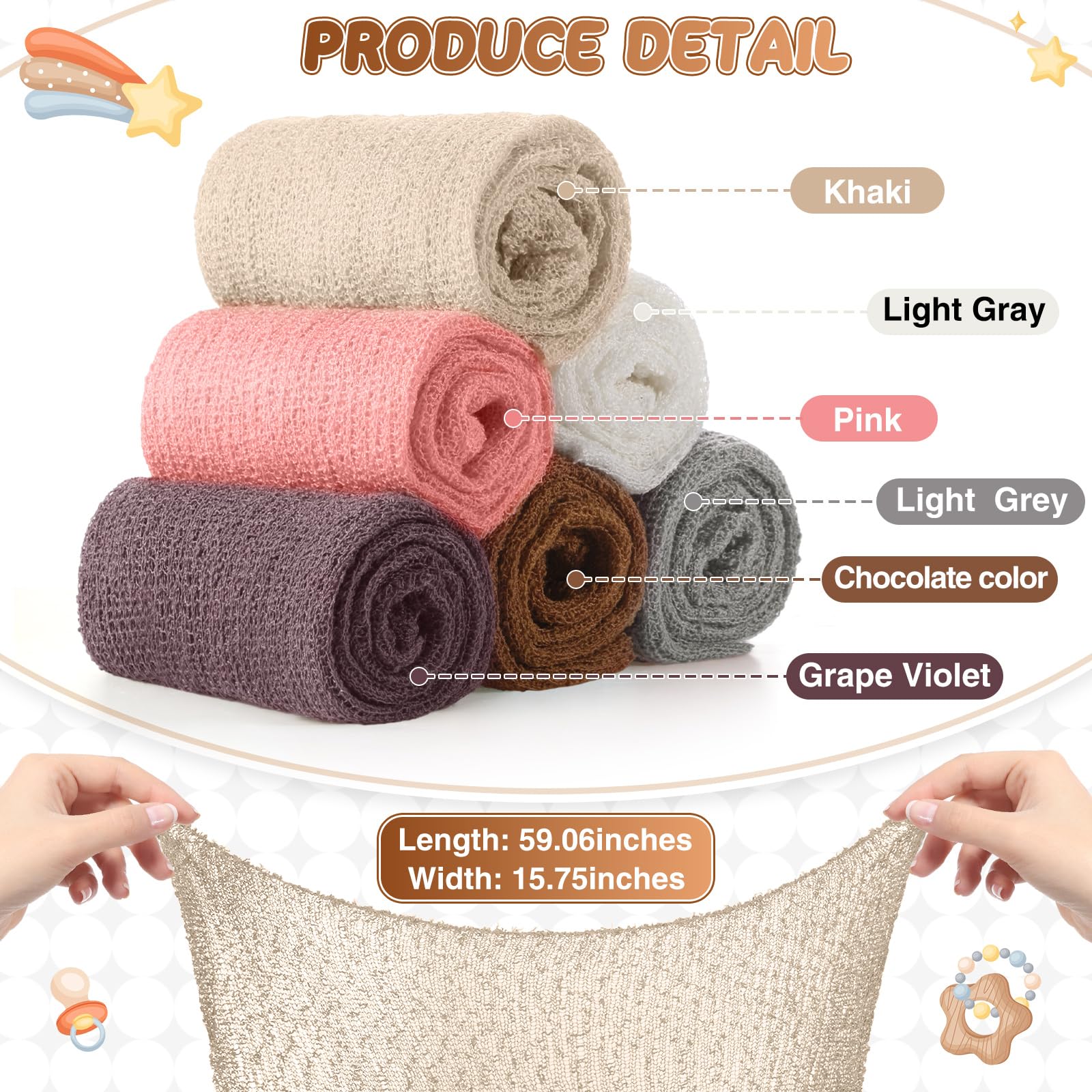 Tudomro 6 Pcs 15.8 X 59'' Newborn Baby Stretch Wraps Set 6 Colors Baby Photography Props Unisex Newborn Long Ripple Wrap Photo B