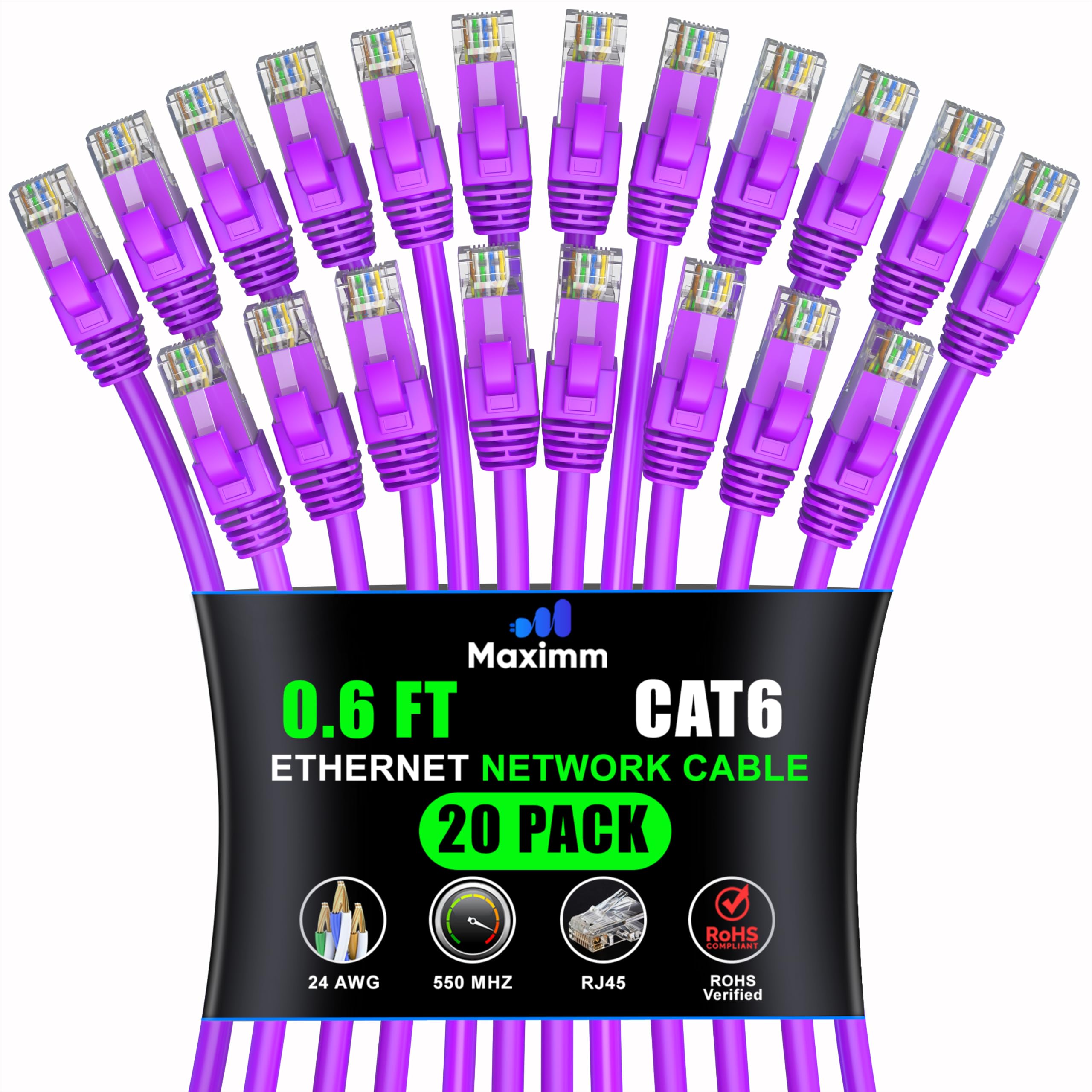 Maximm Cat 6 Ethernet Cable 0.6 Ft (20 Pack)   High Speed Lan Cable, Internet Cable, Patch Cable, And Network Cable   Utp, 10Gbps, 550Mhz Ethernet Cord   Purple