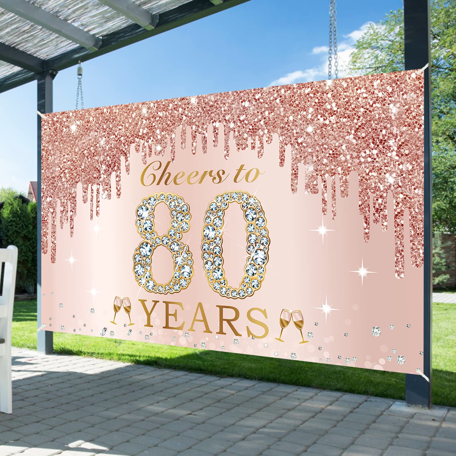 Large Cheers To 80 Years Birthday Decorations For Women, Pink Rose Gold Happy 80Th Birthday Banner Backdrop Party Supplies, Eigh