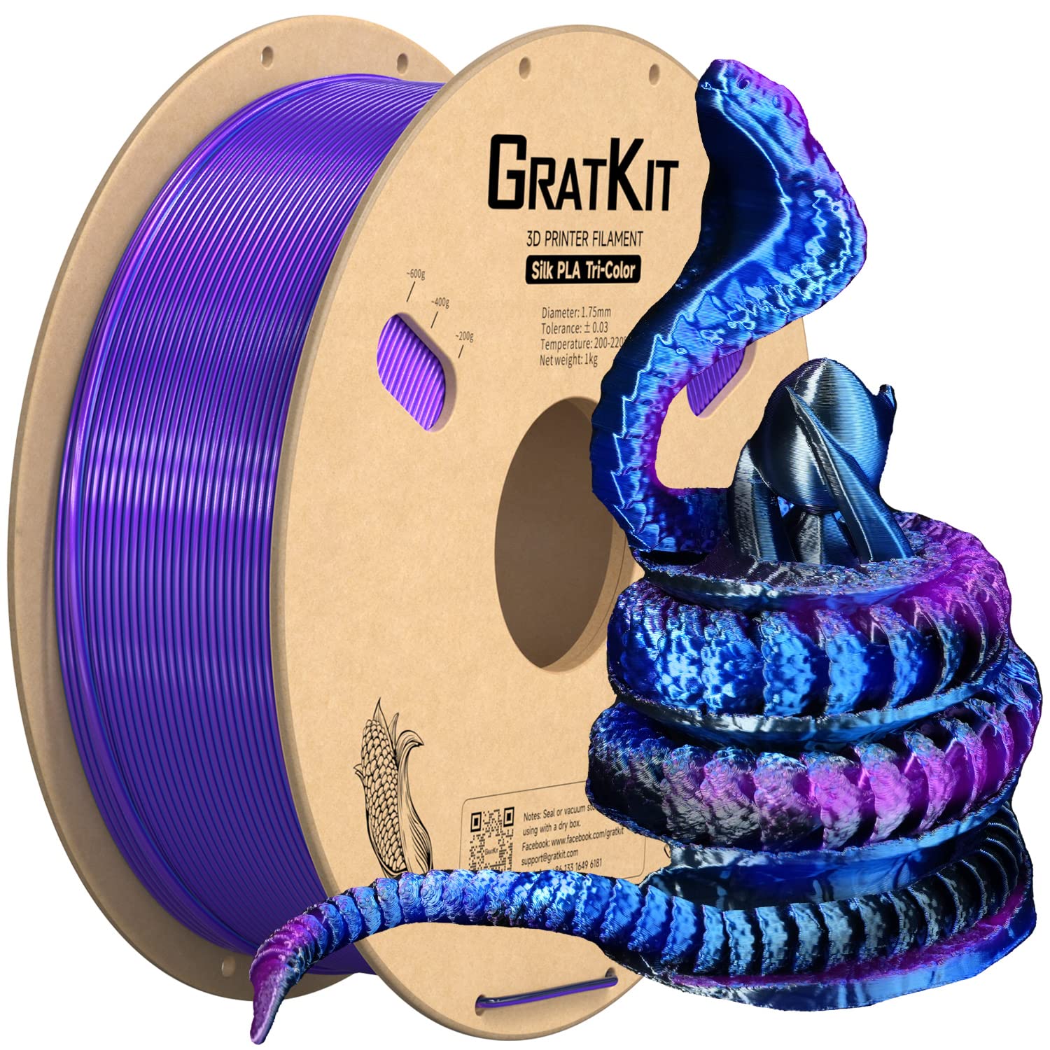 Gratkit Silk Tri Color Pla Filament,Coextrusion Pla Filament 175Mm,  003Mm, 1Kgroll, Silk Pla Blue & Purple & Black