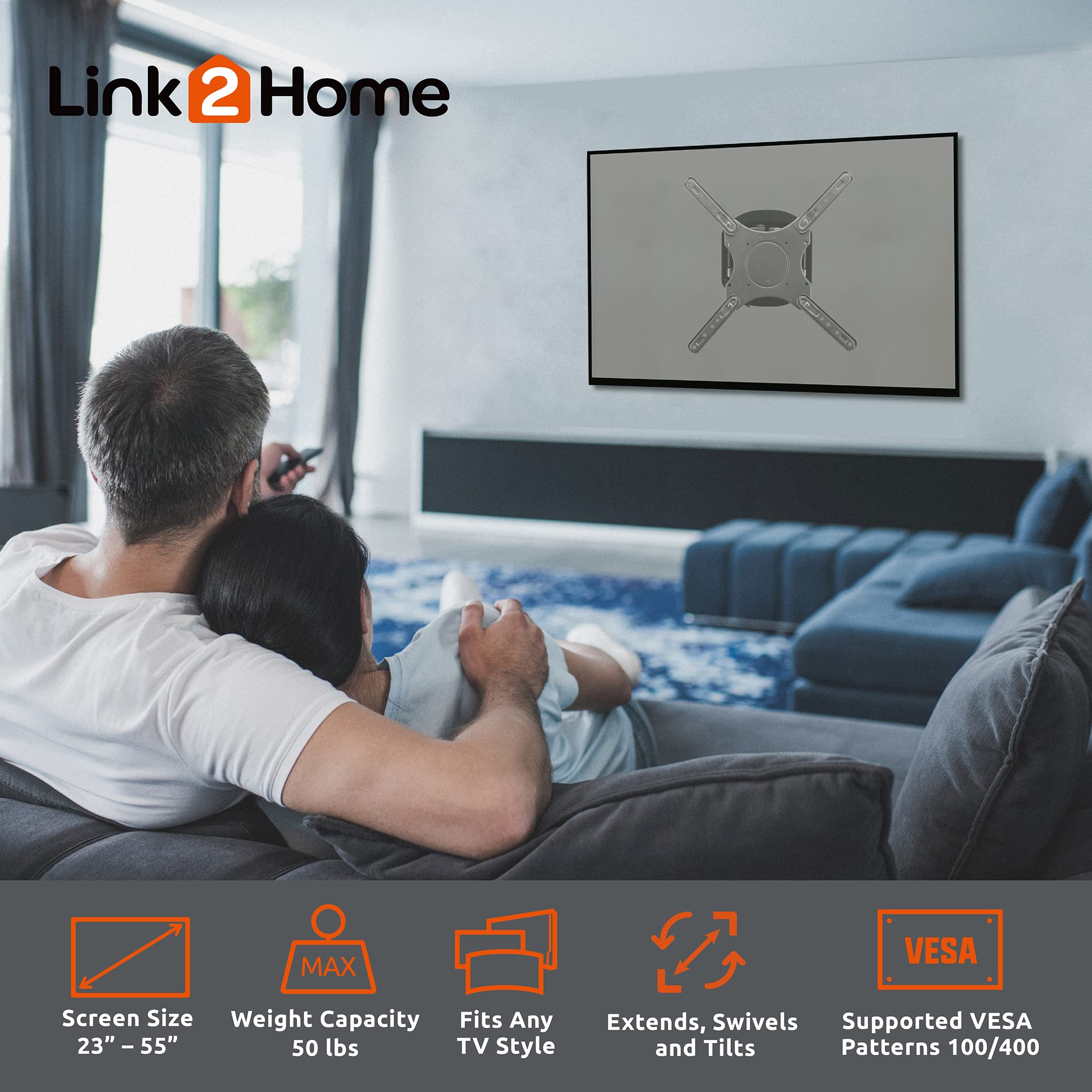 Link2Home Premium Full Motion Tv Wall Mount For Up To 55 Inch Tvs, Mounting Brackets For Led, Lcd, Oled Flat&Curved Tvs. Up To 5