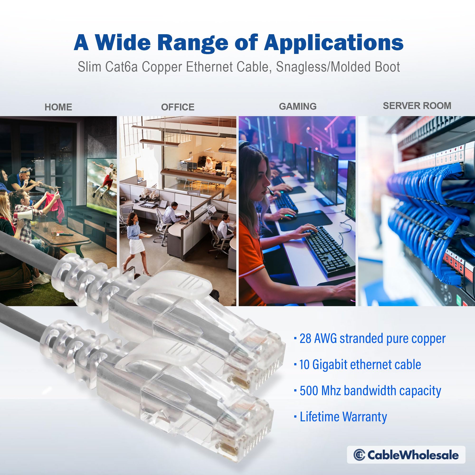 Cablewholesale Slim Cat6A Ethernet Patch Cable, 28Awg, 500Mhz, Etl/Ul/Csa Approved, Rj45 Copper Connector Snagless/Boot, Interne