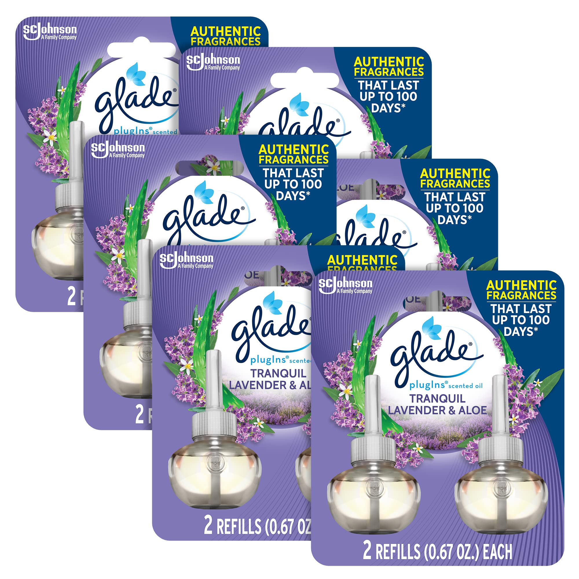 Glade PlugIns Refills Air Freshener, Scented and Essential Oils for Home and Bathroom, Tranquil Lavender & Aloe, 1.34 Oz, 12 Cou