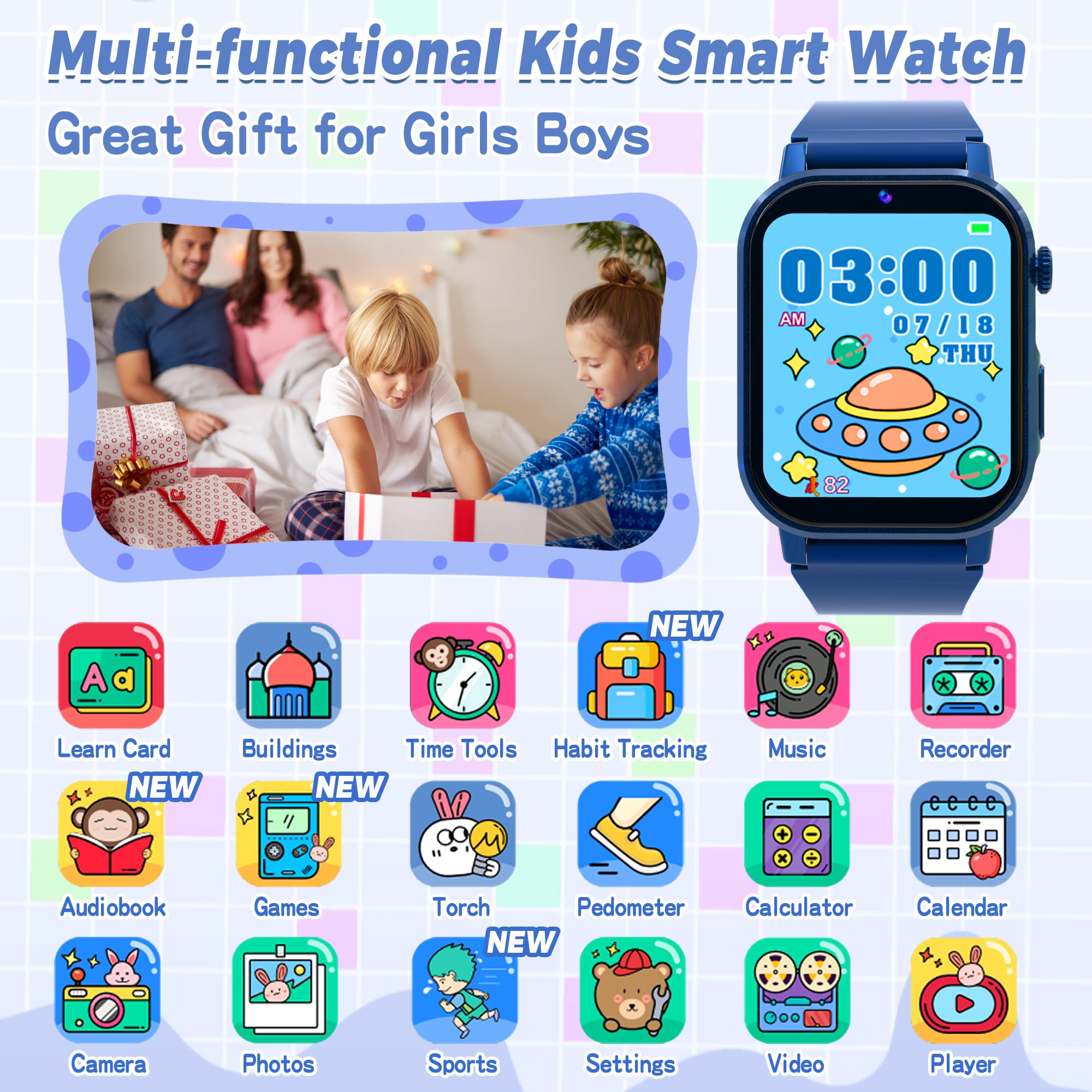 Phyulls Smart Watch For Kids With 32 Games, Hd Touch Screen Kids Smart Watch Boys With Video Camera Music Alarm Pedometer Audiob