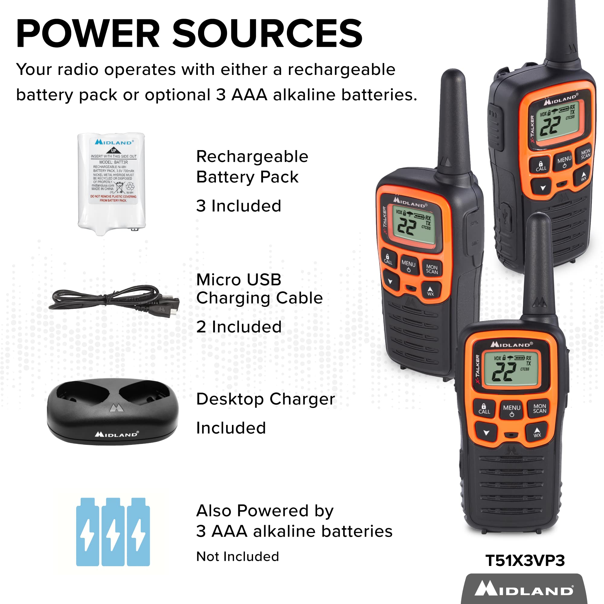 Midland  T51X3Vp3 X Talker Walkie Walkie   Long Range Two Way Radio For Camping Hiking Hand Held Rzr Frs Compact Radio Utv Communication Noaa Weather Scan   Black/Orange, 3 Radios