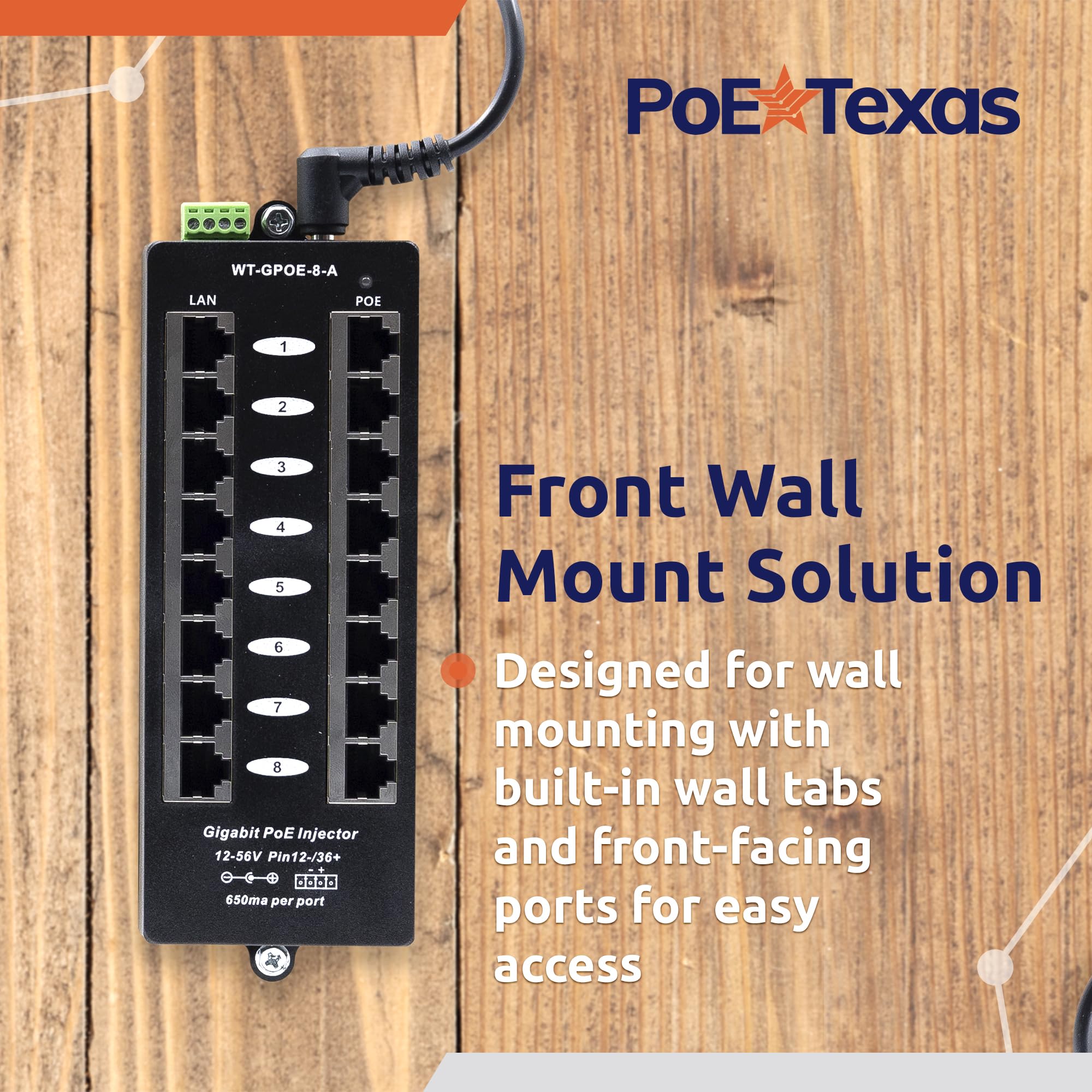 Poe Texas 8 Port Poe Injector   Gigabit Passive Power Over Ethernet Midspan   Front Wall Mount For Security Cameras, Ip Phones, Wifi Aps   Works With Non Poe Switch, Includes 48V 60W Power Supply