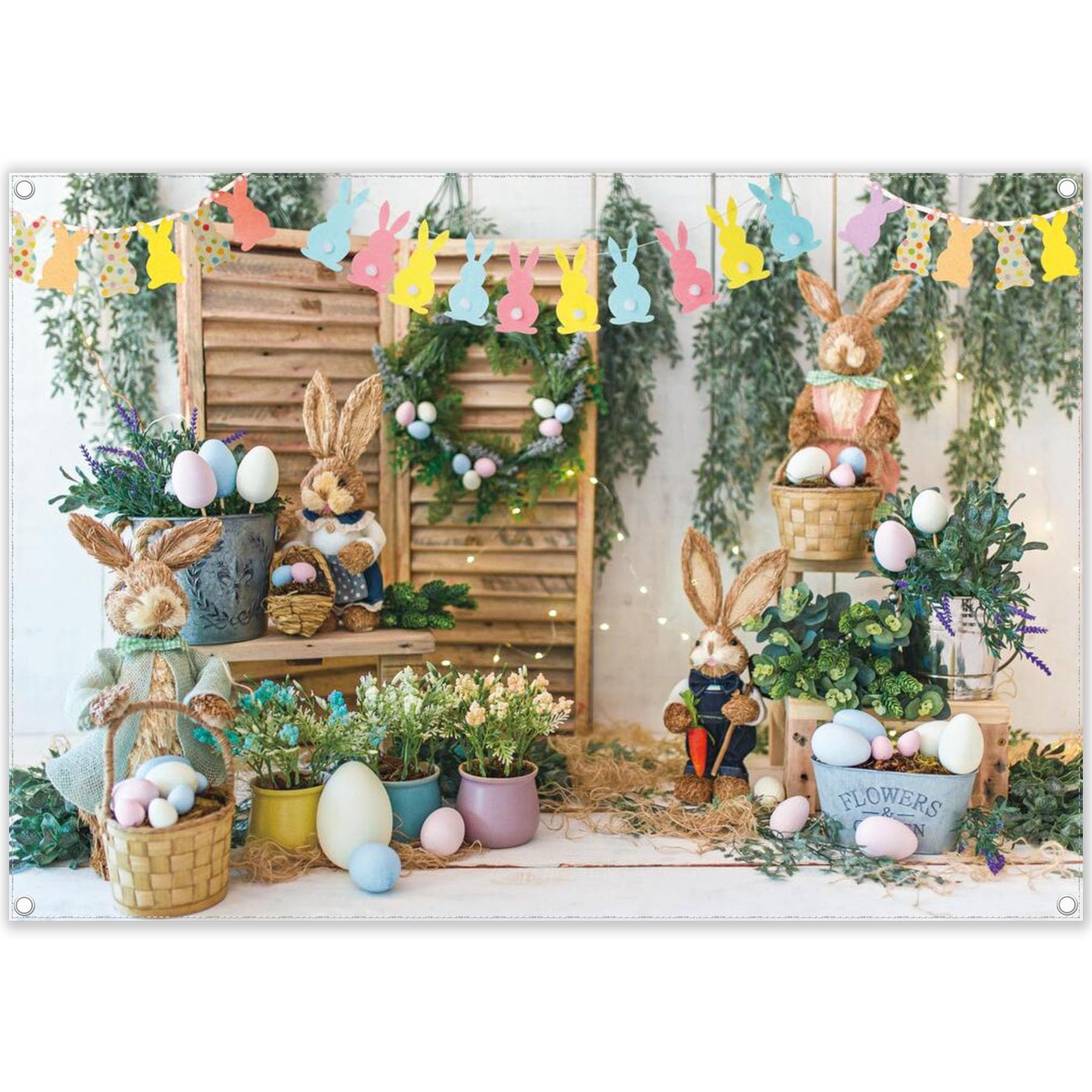 Swepuck 7X5Ft Spring Easter Photography Backdrop Garden Bunny Colorful Eggs Flower Stand Background Rabbit Flag Baby Kids Portra