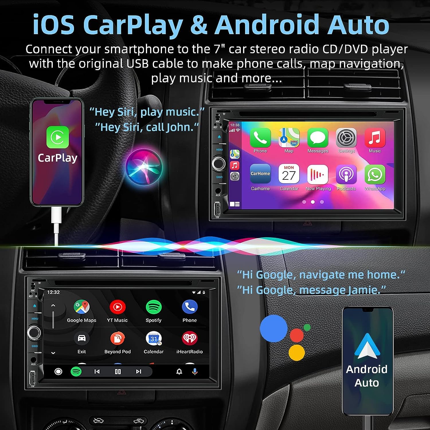 Double Din Car Stereo With Cd/Dvd Player  Carplay & Android Auto, Car Audio With Bluetooth, 7 Inch Hd Touchscreen, Rear Camera,