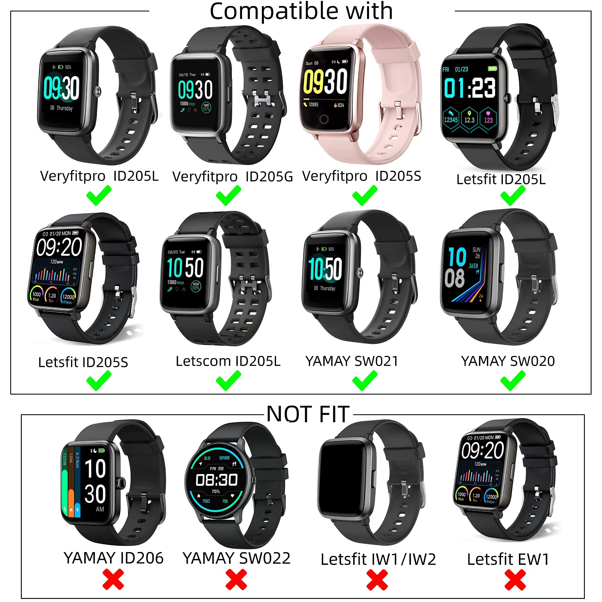 Compatible With Veryfitpro Id205L/Id205/Id205U/Id205S/Id205G/Sw020/Sw021 Smart Watch Bands Soft Silicone Waterproof Adjustable R
