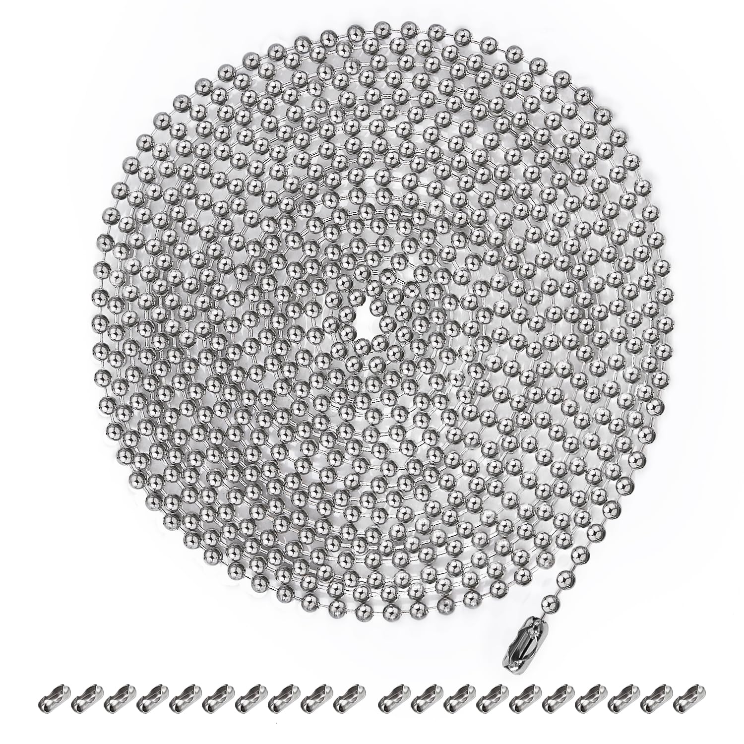 Dotlite Silver Ceiling Fan Pull Chain, 120'' Extra Long Rust Proof 3Mm Beaded Ball Light Pulls Extension Chains With 20 Connecto