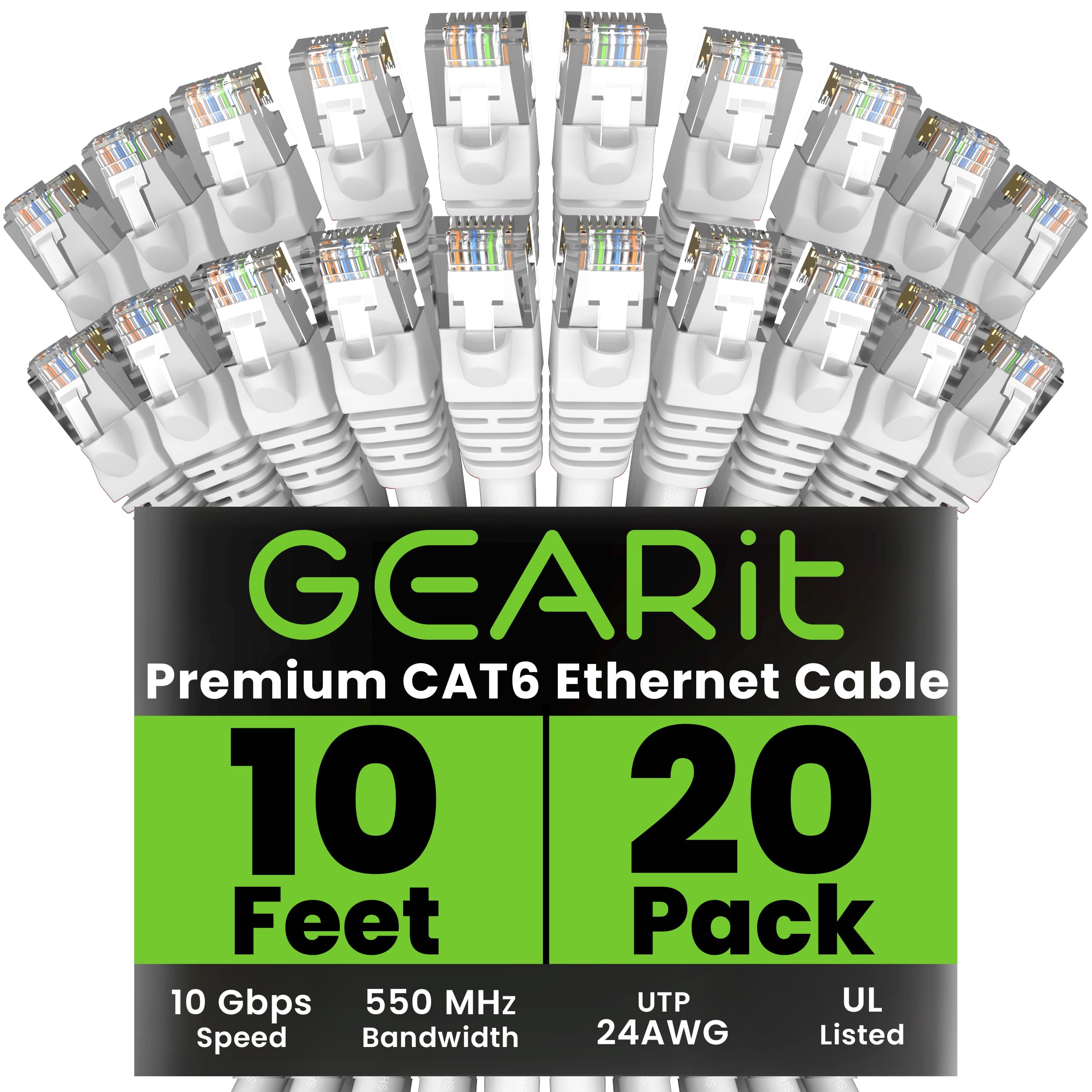 GearIT Cat 6 Ethernet Cable (20-Pack 10 Feet) Cat6 Network Patch, 10Gbps, RJ45, Snagless Cord, Gold-Plated Connectors, Internet 