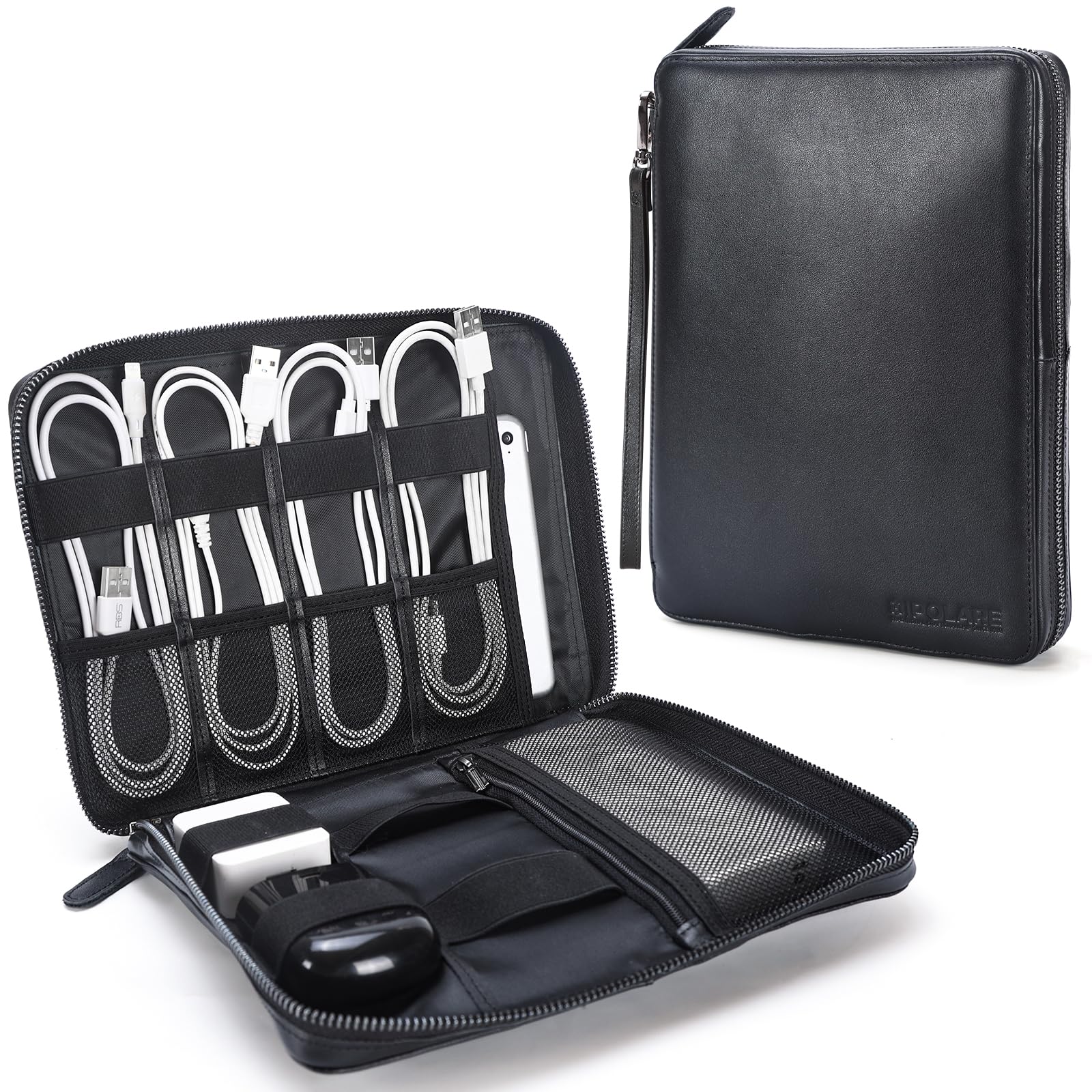 Polare Napa Leather Travel Cable Organizer Case Electronics Accessories Carry Bag With Ykk Zippers Tech Storage Bag For Cables,