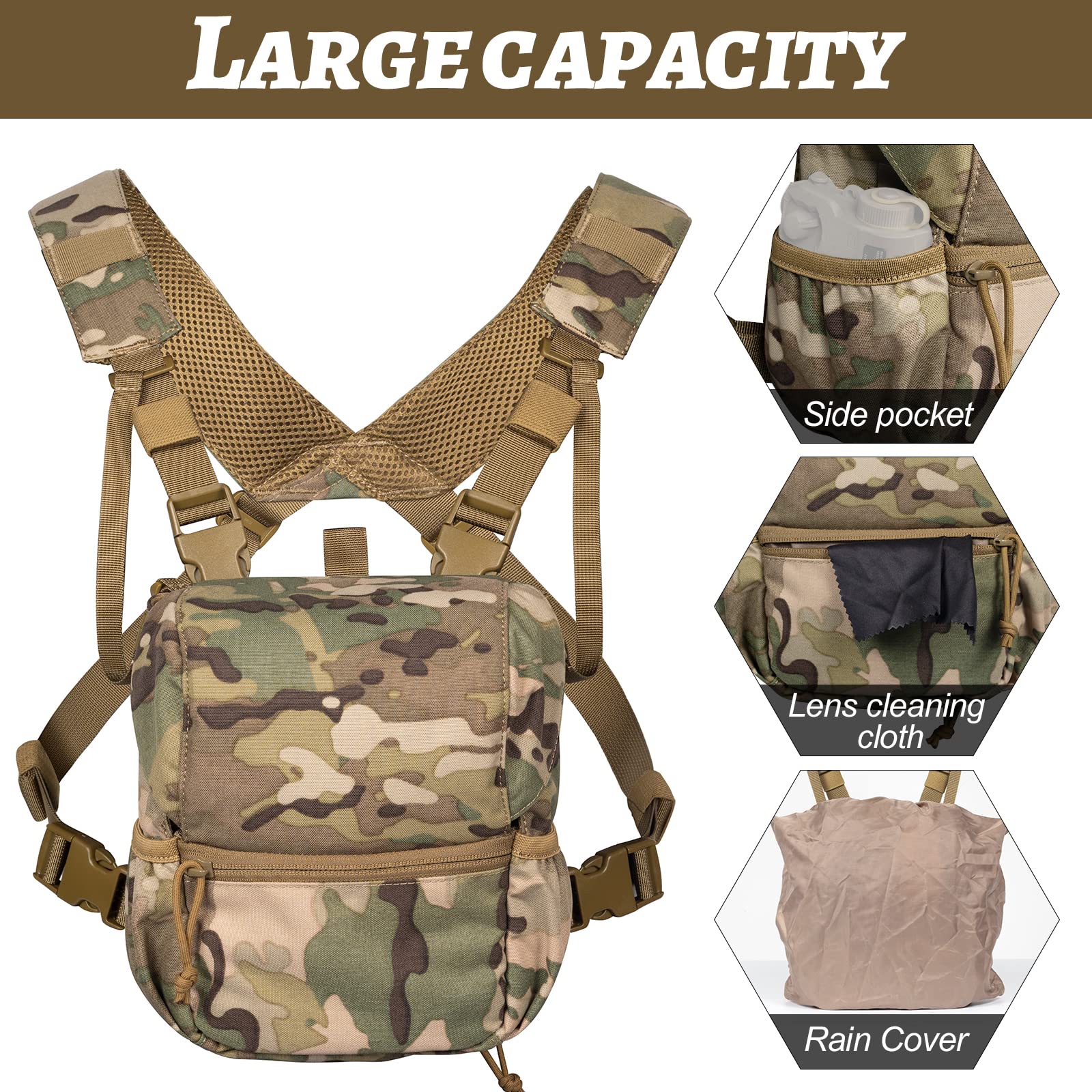 Vismix Binocular Harness, Adjustable Binocular Harness Chest Pack With Rain Cover For Hunting Hiking Shooting