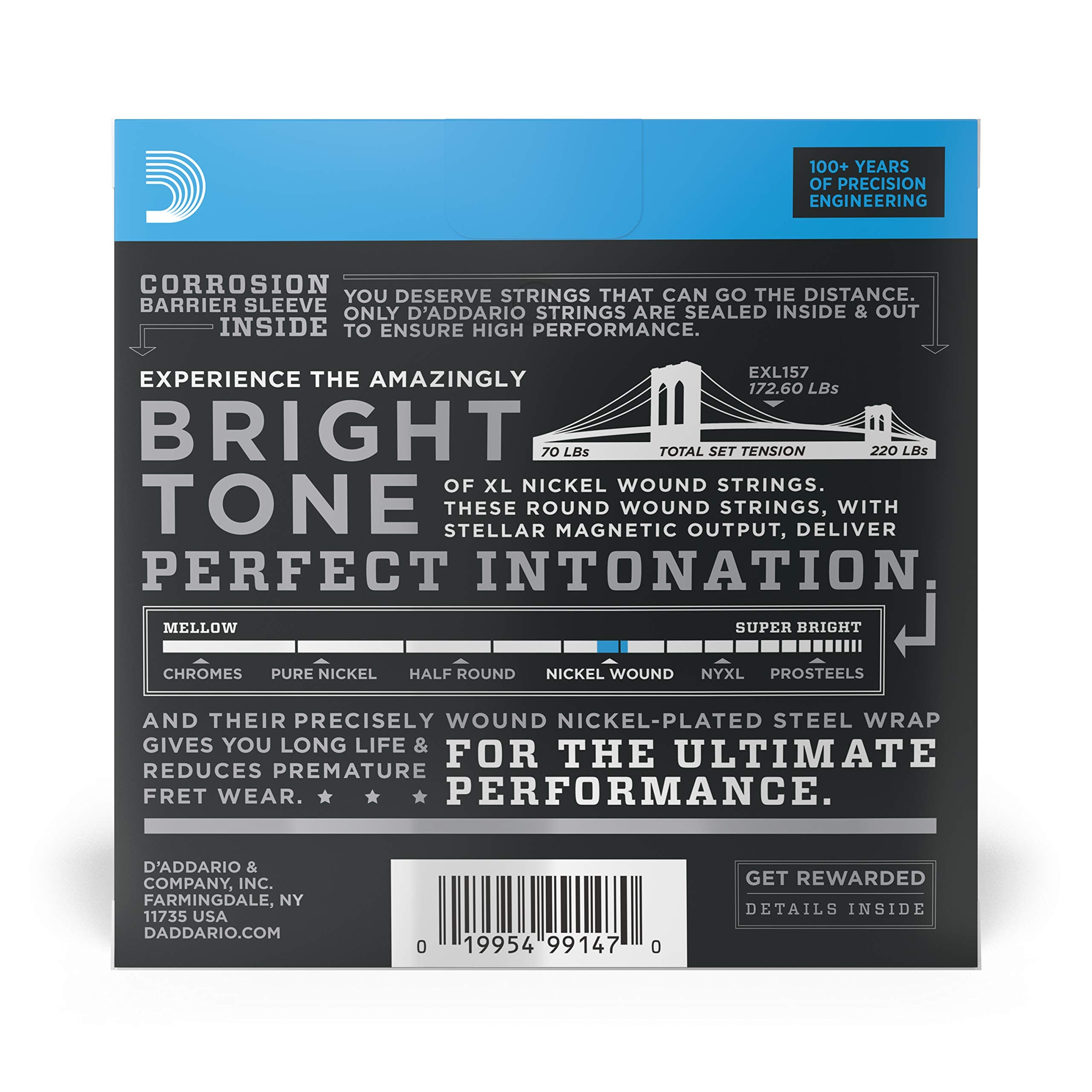 Daddario Electric Guitar Strings, Xl Nickel, Exl157, Baritone Medium Gauge 14-68, 6-String Set, Pack Of 3