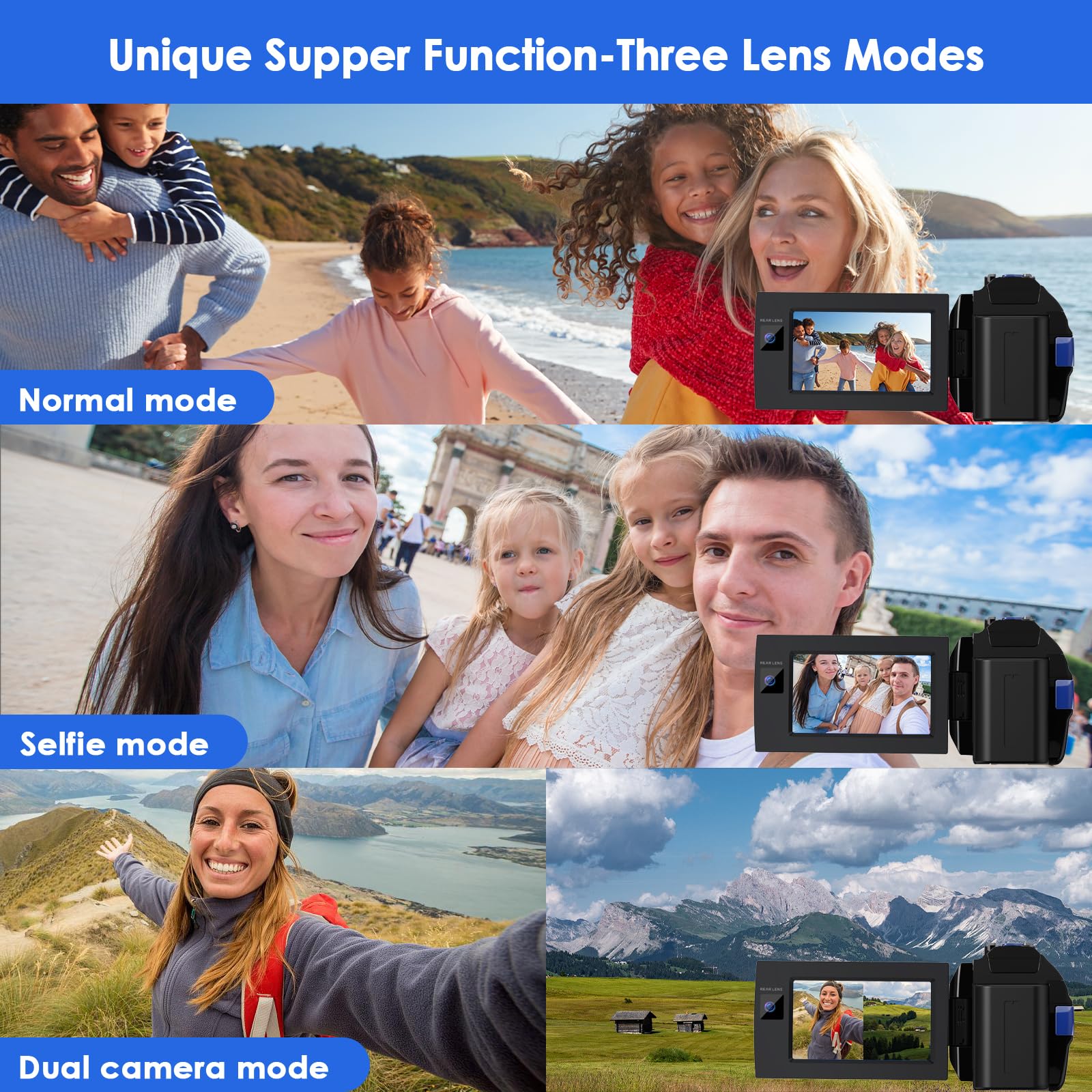 Video Camera Camcorder, 4K 56Mp Dual Lens Wifi 3'' 270 Rotatable 16X Digital Zoom Touch Screen Vlogging Camera Youtube Podcast C