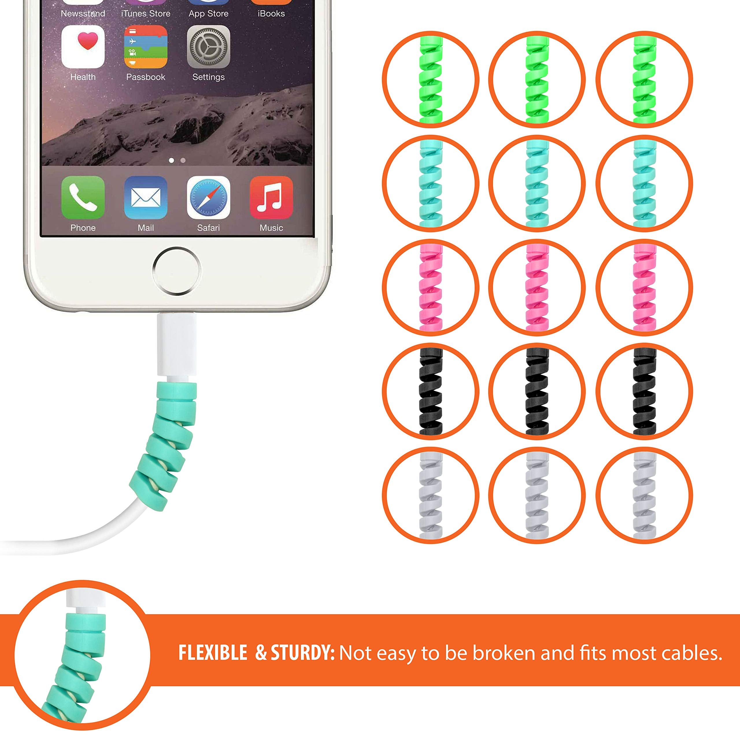 15 Pcs 5 Assorted Colors Flexible Spiral Charging Cable Protector Wire Cord Organizer Tube Accessories Charger Saver For Iphone,