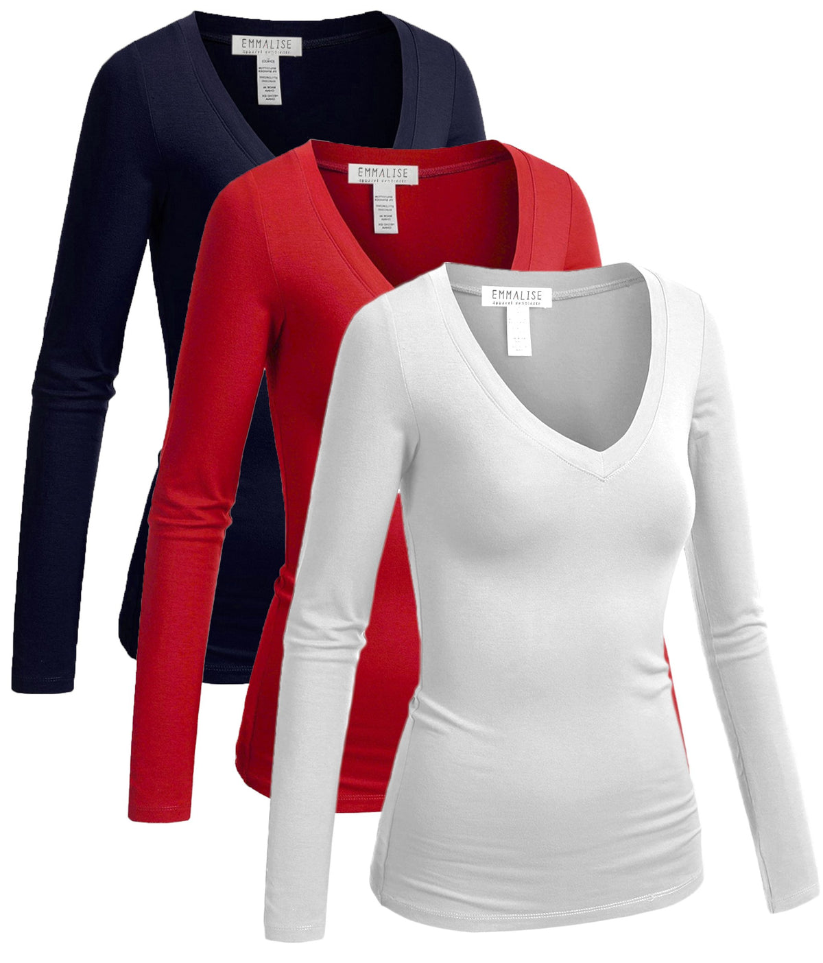 Emmalise Long Sleeve V Neck T Shirt Women Junior Sizes,3Pk White,Navy,Red,Large