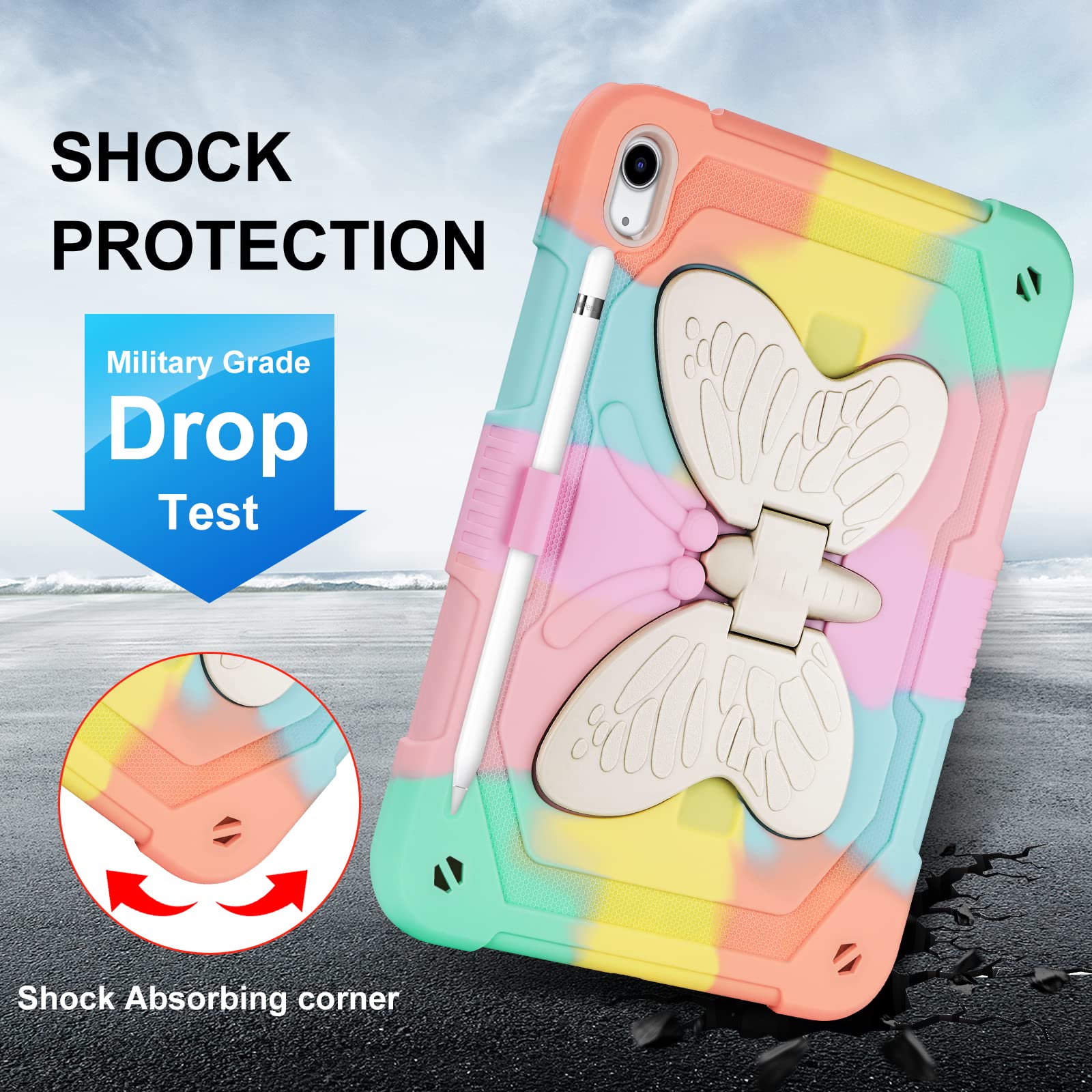 Vofuoe For Ipad 10Th Generation Case 2022 For Ipad 10.9 Case For Kids Girls With Butterfly Wings Kickstand Pencil Holder Shoulde