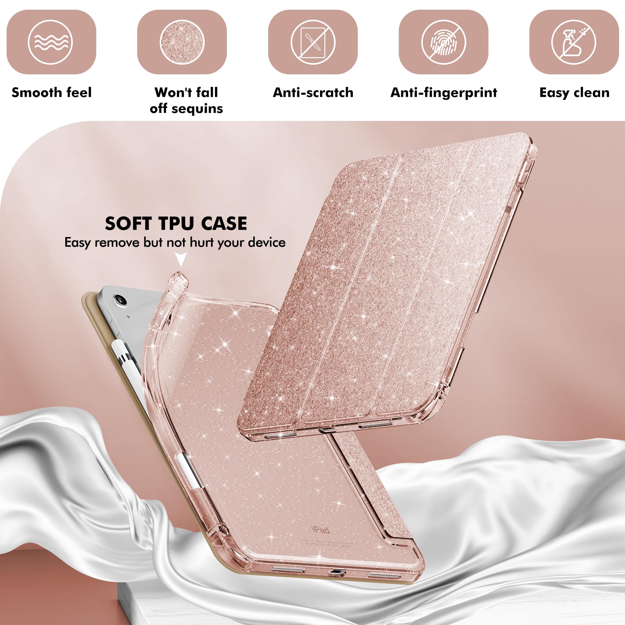 Infiland Compatible With Ipad 10Th Generation Case 10.9 Inch, Ipad A16 11 Inch 11Th Generation, Glitter Leather Cover With Sparkly Crystal Clear Back, Pencil Holder, Rose Gold