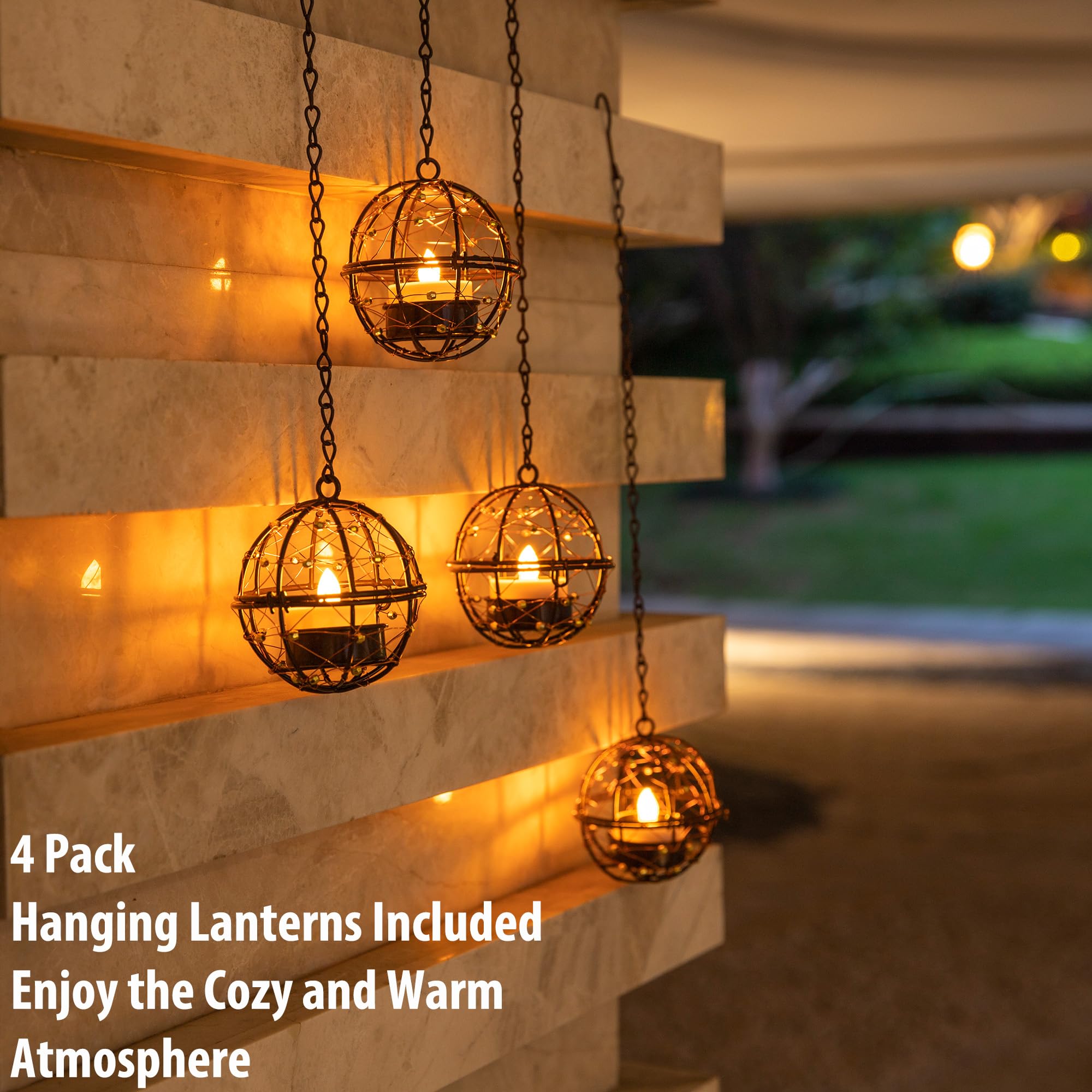 Outdoor Solar Hanging Lanterns Waterproof, Globe Hanging Candle Holder With Flickering Solar Powered Tea Lights, Chargeable Sola