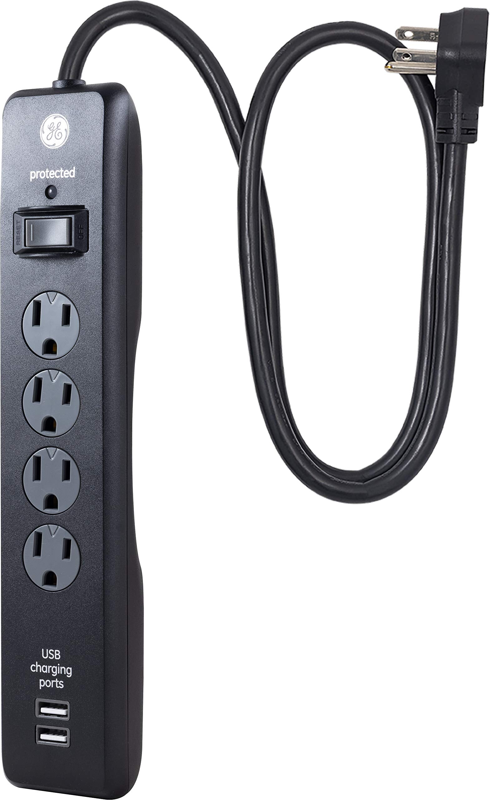 Ge 4 Outlet Surge Protector, 2 Usb Ports, 3 Ft Power Cord, 800 Joules, Twist To Lock Safety Covers, Automatic Shutdown Technolog
