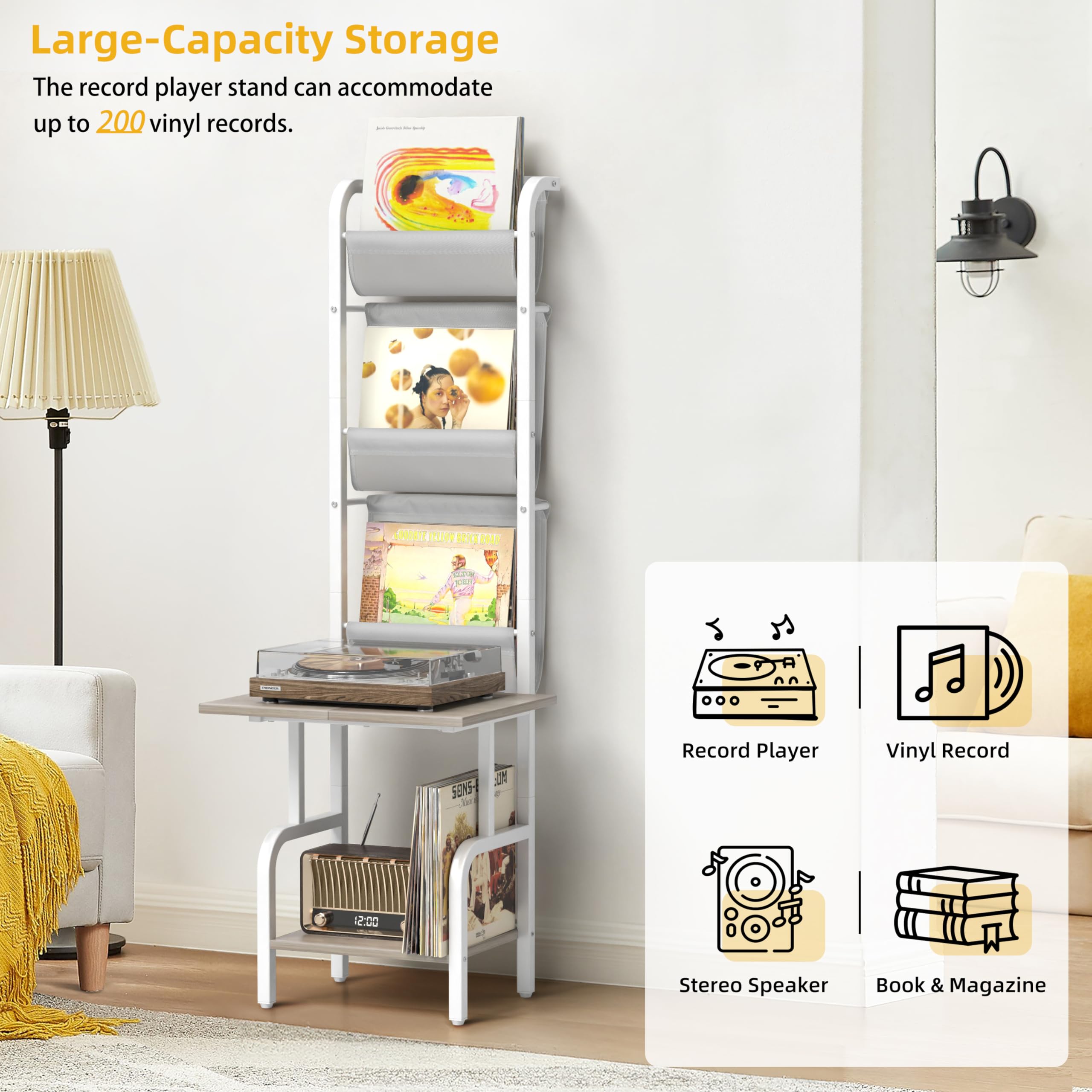 Record Player Stand With Vinyl Storage, Record Player Table With Vinyl Record Storage Up To 200 Albums, Turntable Stand With Rec