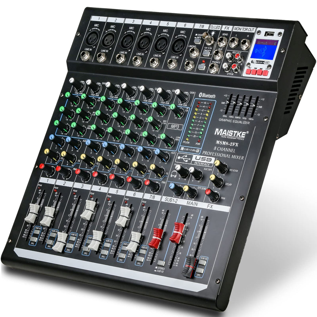 Dj Mixers 8 Channel Audio Mixer Sound Board With Bluetooth, Usb Audio Interface With 48V Phantom Power Sounds Mixer Board With F