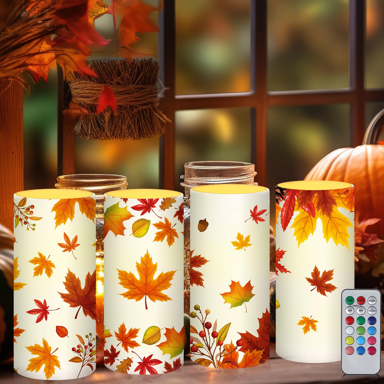 Tiamon Maple Leaf Flameless Candles Led Leaves Candles Battery Operated Yellow Flickering Candles with 18-Key Remote Timer Pilla