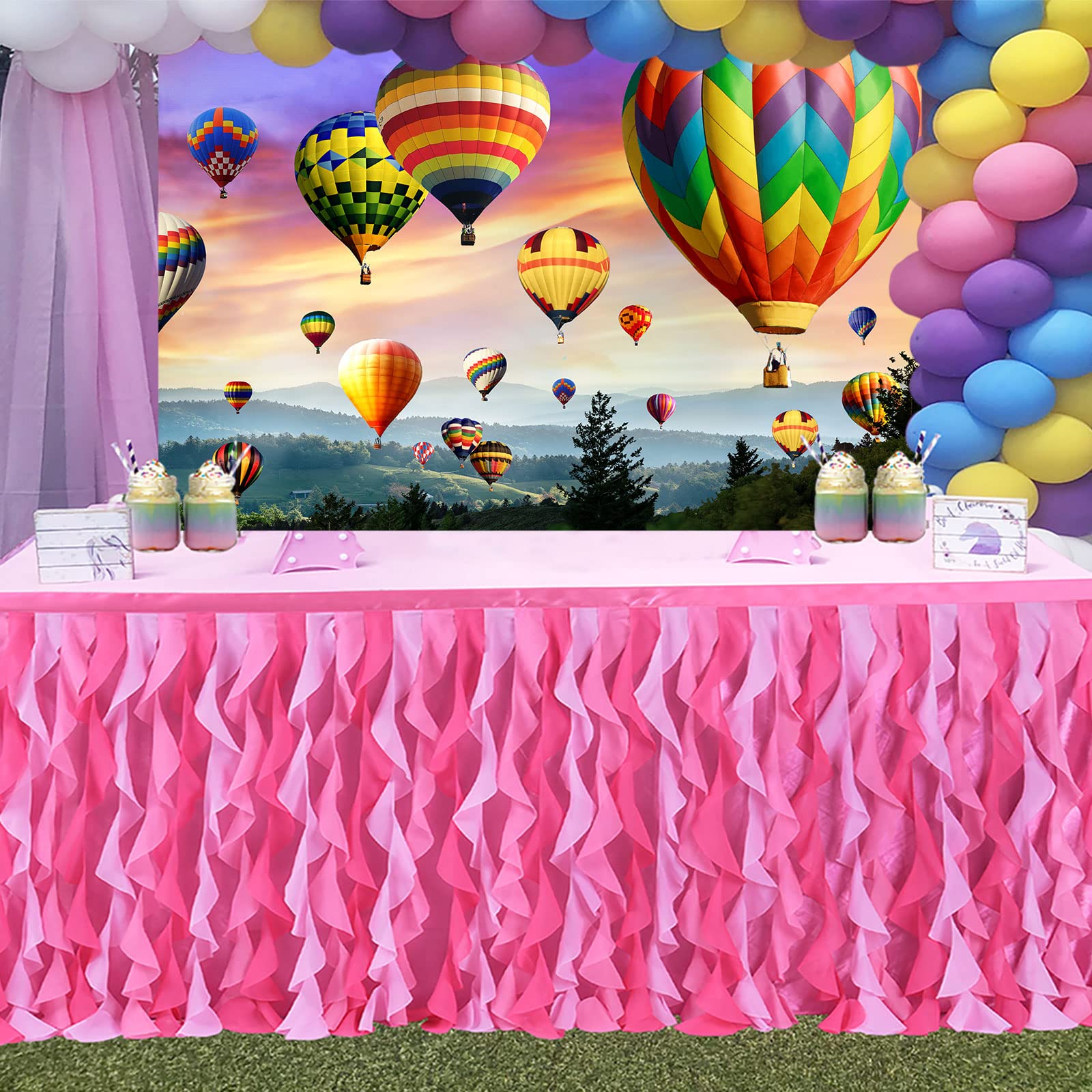 Emdspr Hot Air Balloon Backdrop, 7X5Ft Vinyl, Colorful Rainbow Sky Romantic Mountains Photography Background Travel Party Decor