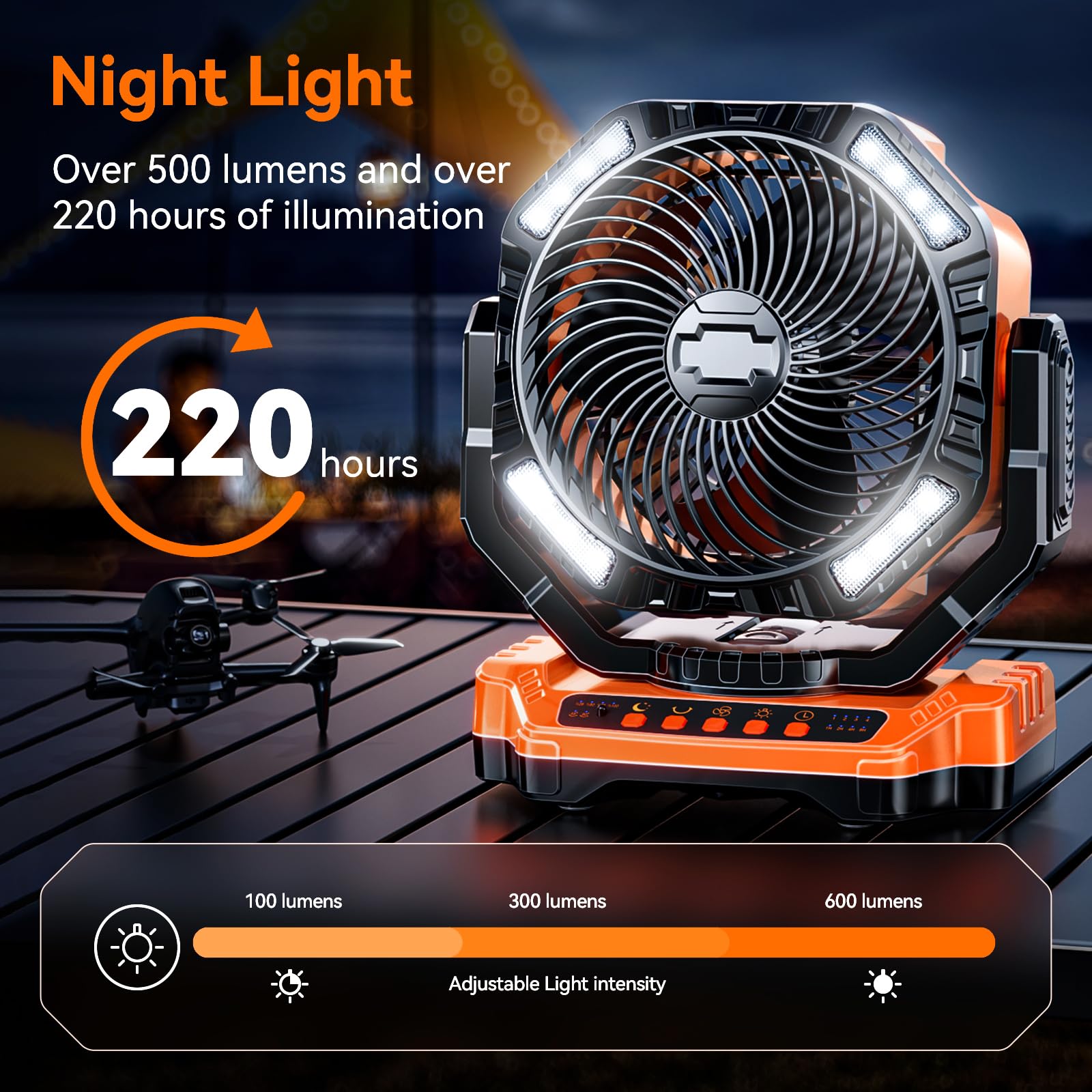 Camping Led Fan With Light, 40000Mah Rechargeable Battery Powered Outdoor Tent Fan With Light And Hook, 4 Speed, Personal Usb De