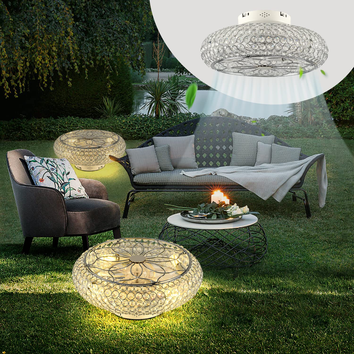 Xudom Caged Crystal Ceiling Fans With Lights And Remote,20'' Flush Mount Low Profile Ceiling Fan With Light,6 Speed Enclosed Cei