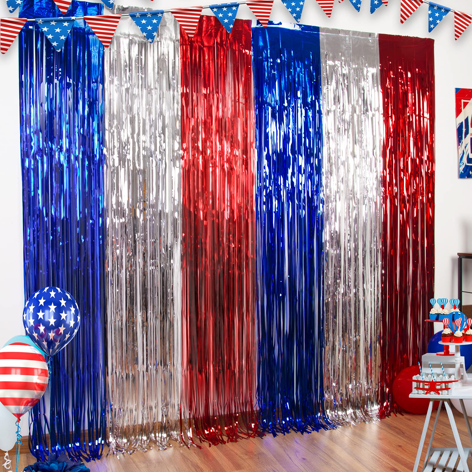 Lolstar 4Th Of July Decorations,Red White And Blue 3 Pack Tinsel Foil Fringe Curtains,4Th Of July Photo Booth Prop Streamer Back
