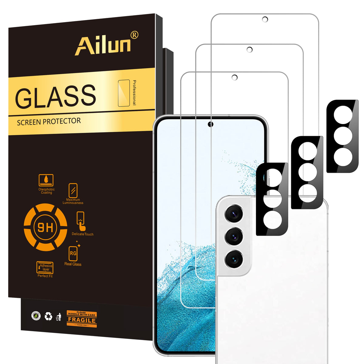 Ailun Glass Screen Protector For Galaxy S22 5G [6.1 Inch Display] 3Pack + 3Pack Camera Lens Tempered Glass Fingerprint Unlock Co