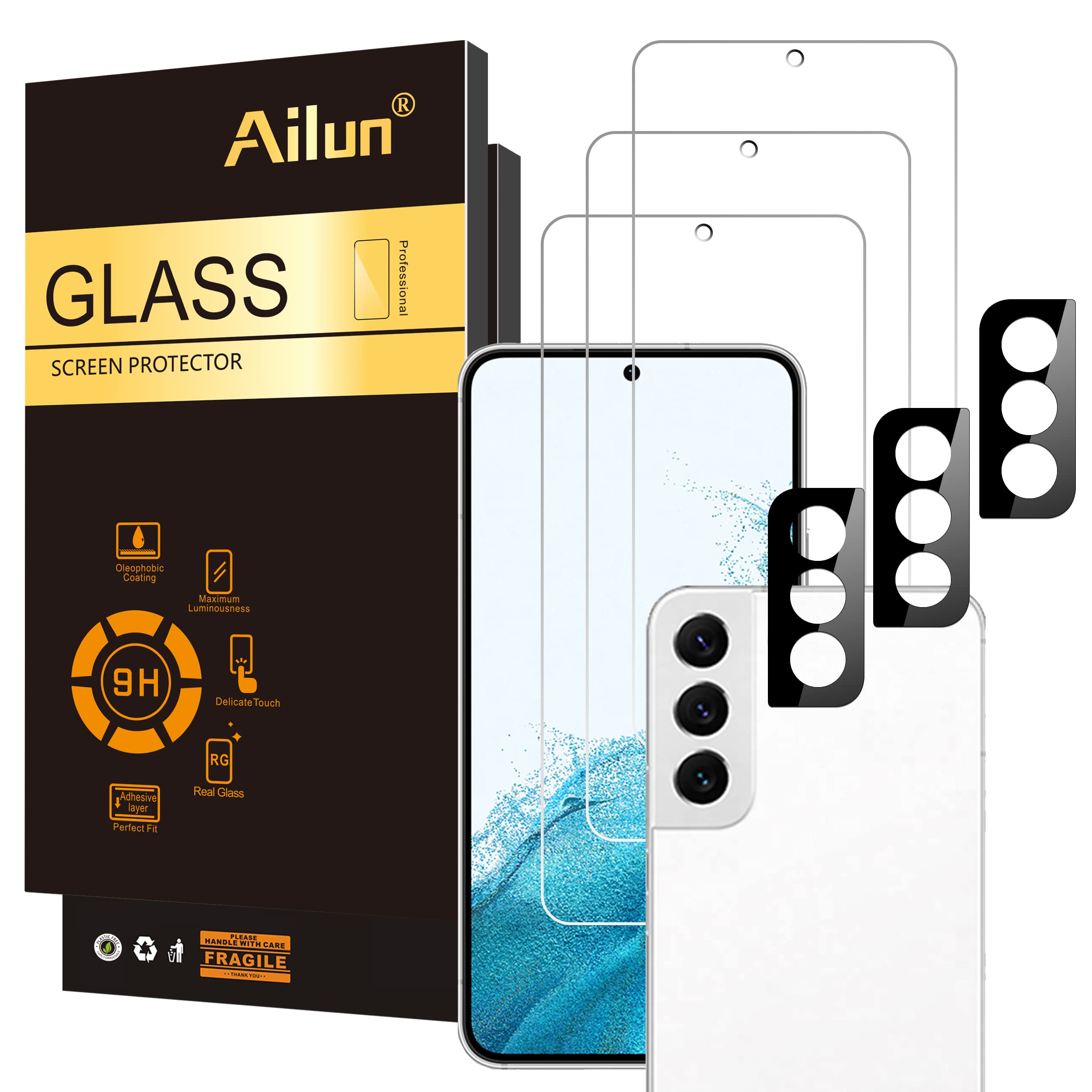 Ailun Tempered Glass Screen Protector for Galaxy S22 - 3 Pack Screen Protectors + 3 Pack Camera Lens Protectors - Fingerprint Un