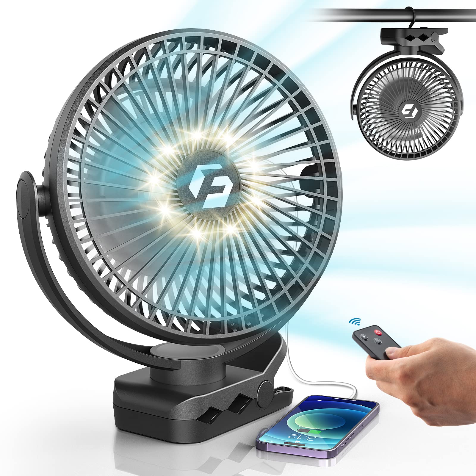 Korbot 8 Inch Clip On Fan   12000Mah Portable Fan Battery Rechargeable With 3 Speeds And Strong Airflow, Usb Fan Small Desk Fan