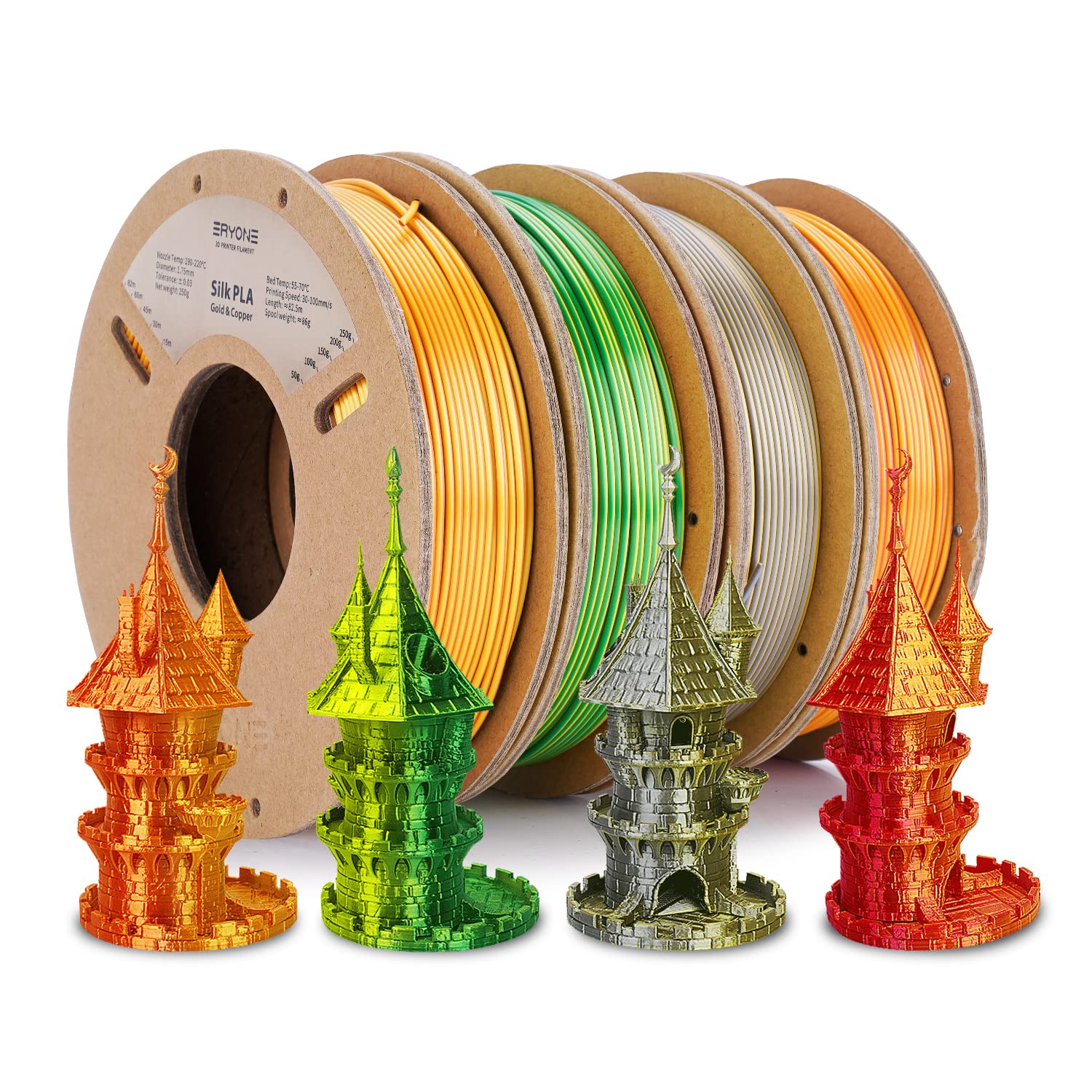 ERYONE Silk Dual Color Filament PLA 3D Printer 1.75mm +/- 0.03mm, Silk Coextrusion PLA Shiny Filament 0.25kg/Spools,4Pack(2.2lbs