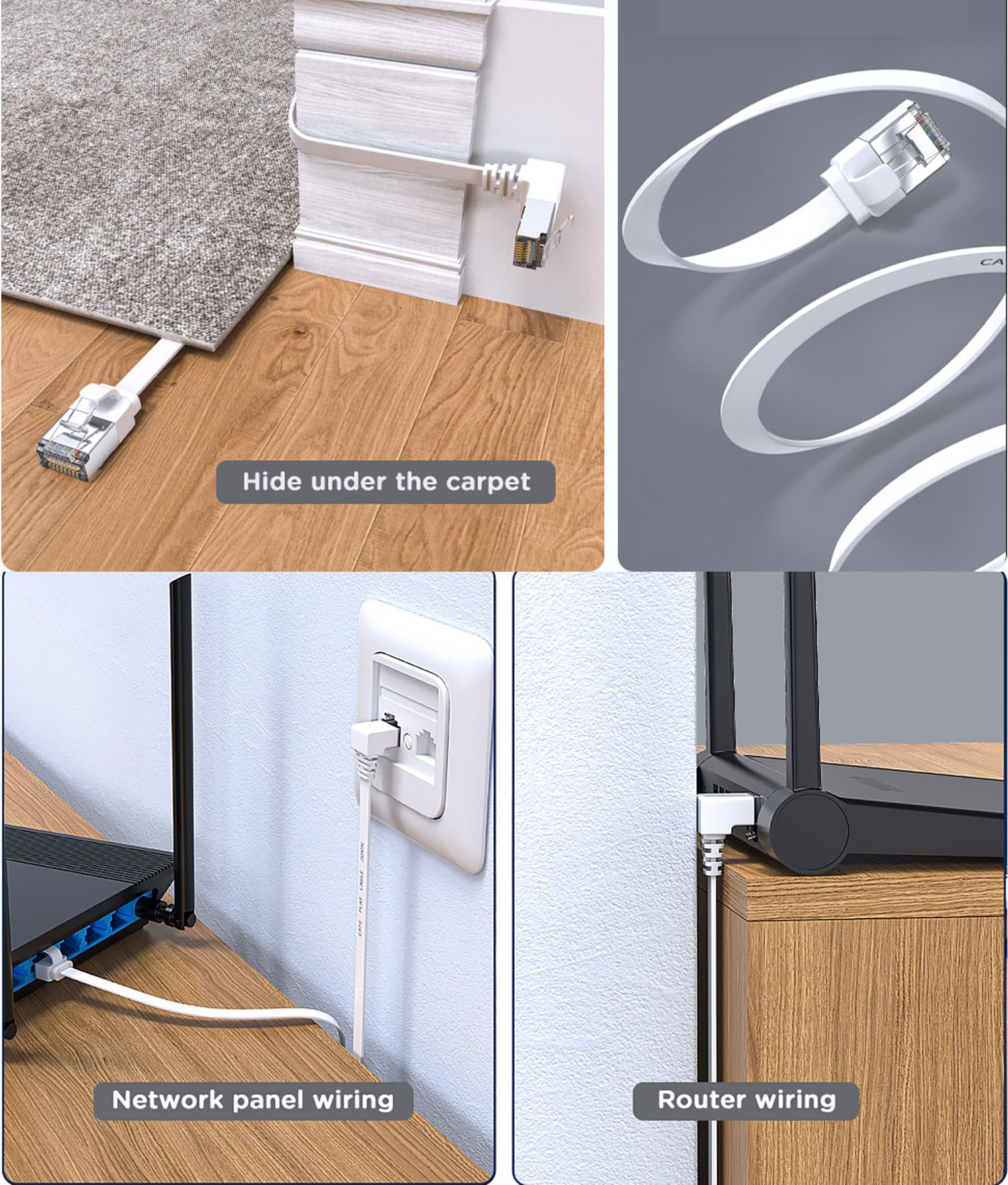 Juxinice 2Pack 90 Degree Cat 6 Ethernet Cable Flat Right Angle Cat6 Ethernet Patch Cable 1.5Ft, High Speed Slim Cat6 Gigabit Internet Network Lan Patch Cords  White(Up+Down) Angle