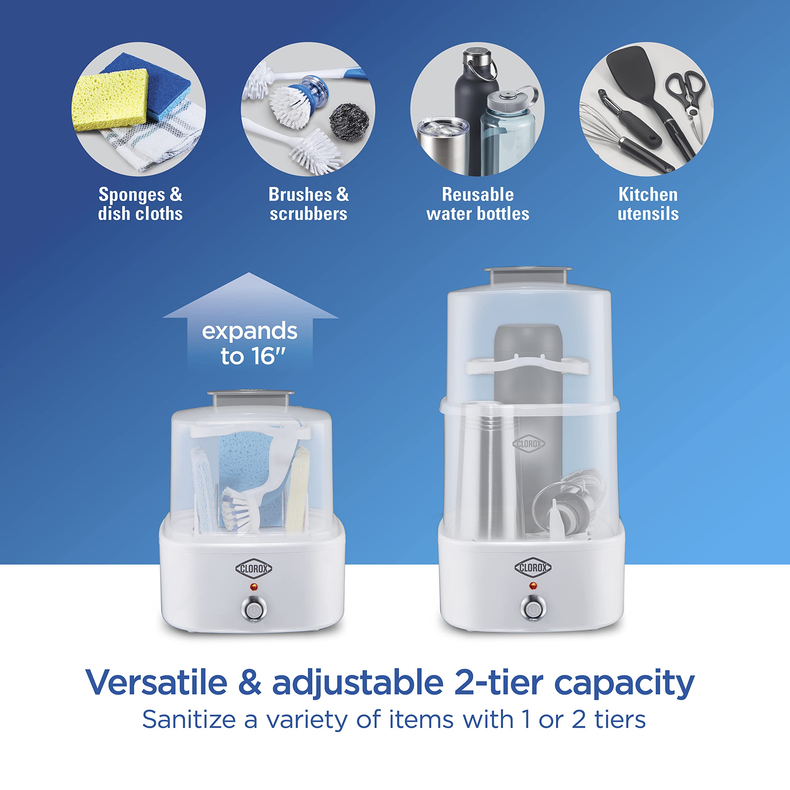 Clorox 2-Tier Electric Steam Sanitizer For Kitchen Utensils, Cleaning Sponges, Bathroom Accessories, Brushes & More, Kills 99.99