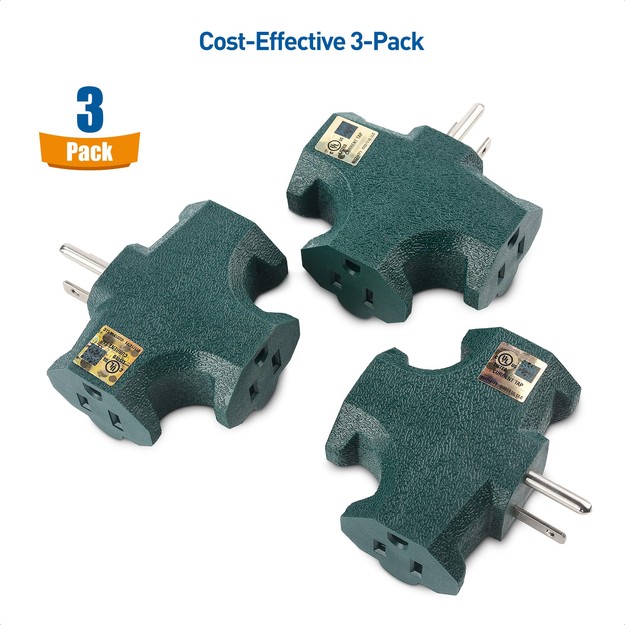 [Ul Listed] Cable Matters 3 Pack 3 Way Plug Adapter 15A 1875W In Green (3 Prong 3 Outlet Adapter, Power Splitter Plug Outlet, Mu