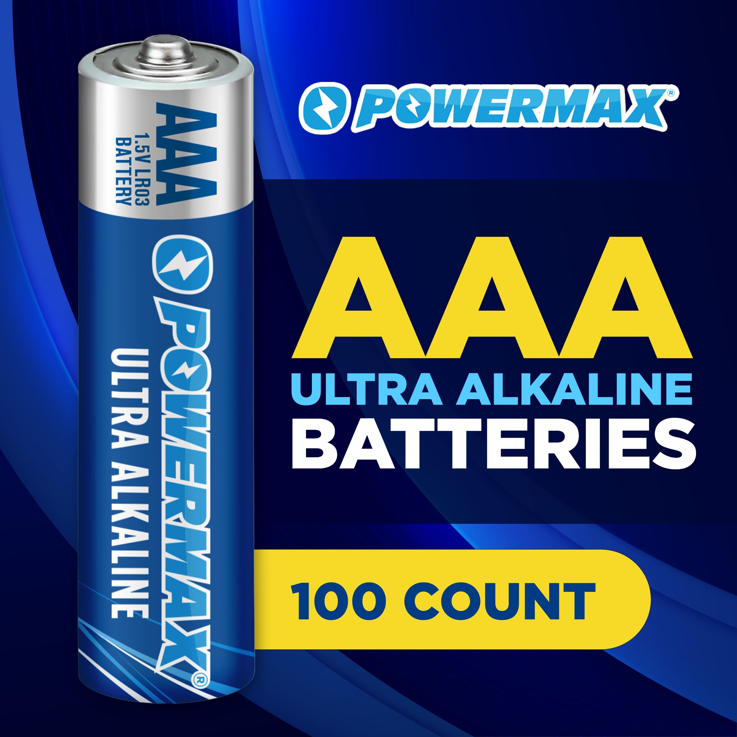 Powermax 100 Count Triple Aaa Batteries, Ultra Long Lasting Alkaline Battery, 10 Year Shelf Life, Reclosable Packaging