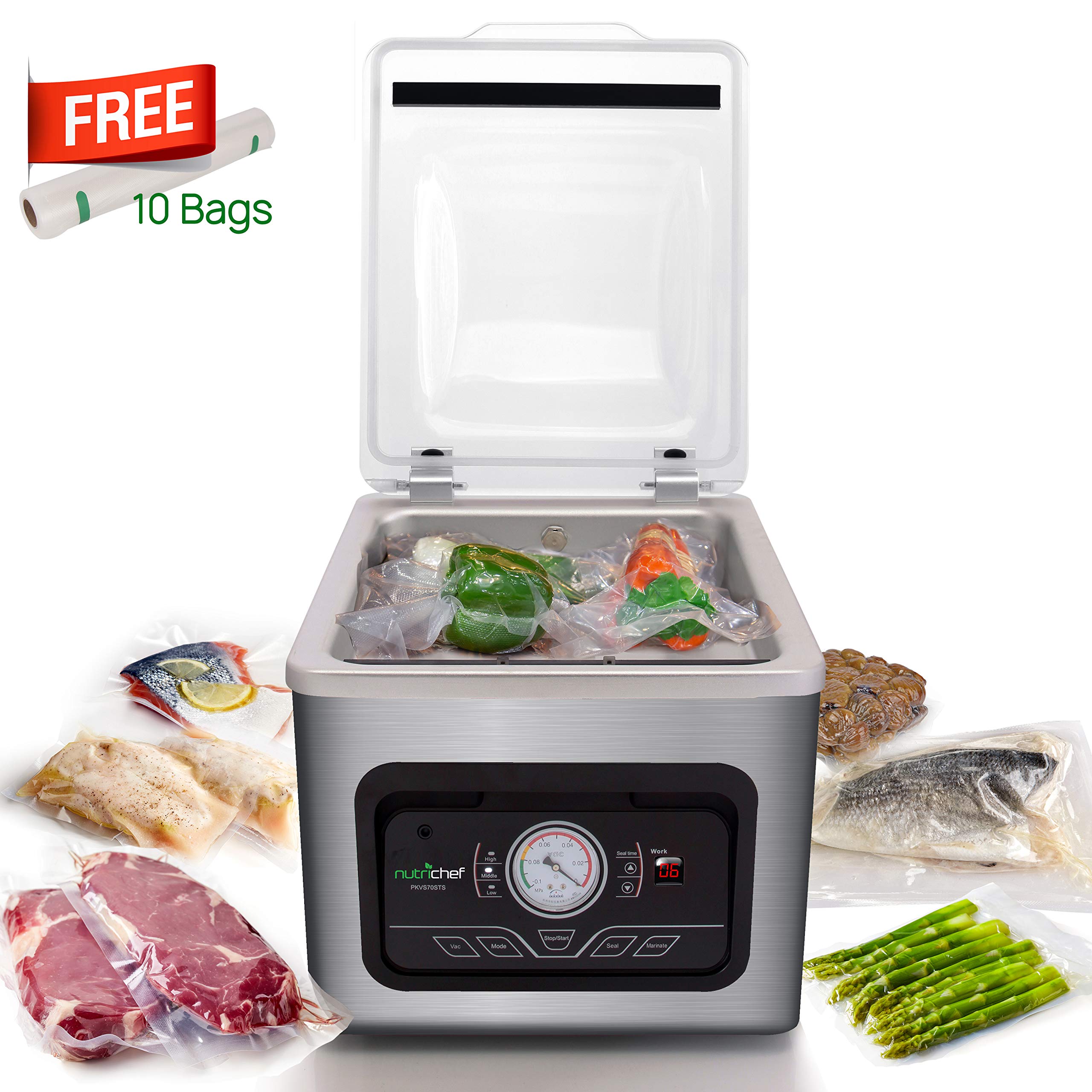 Nutrichef 350W Chamber Vacuum Sealing Machine - Automatic 8L Sealer System With Digital Controls, Airtight Bags For Food Preserv