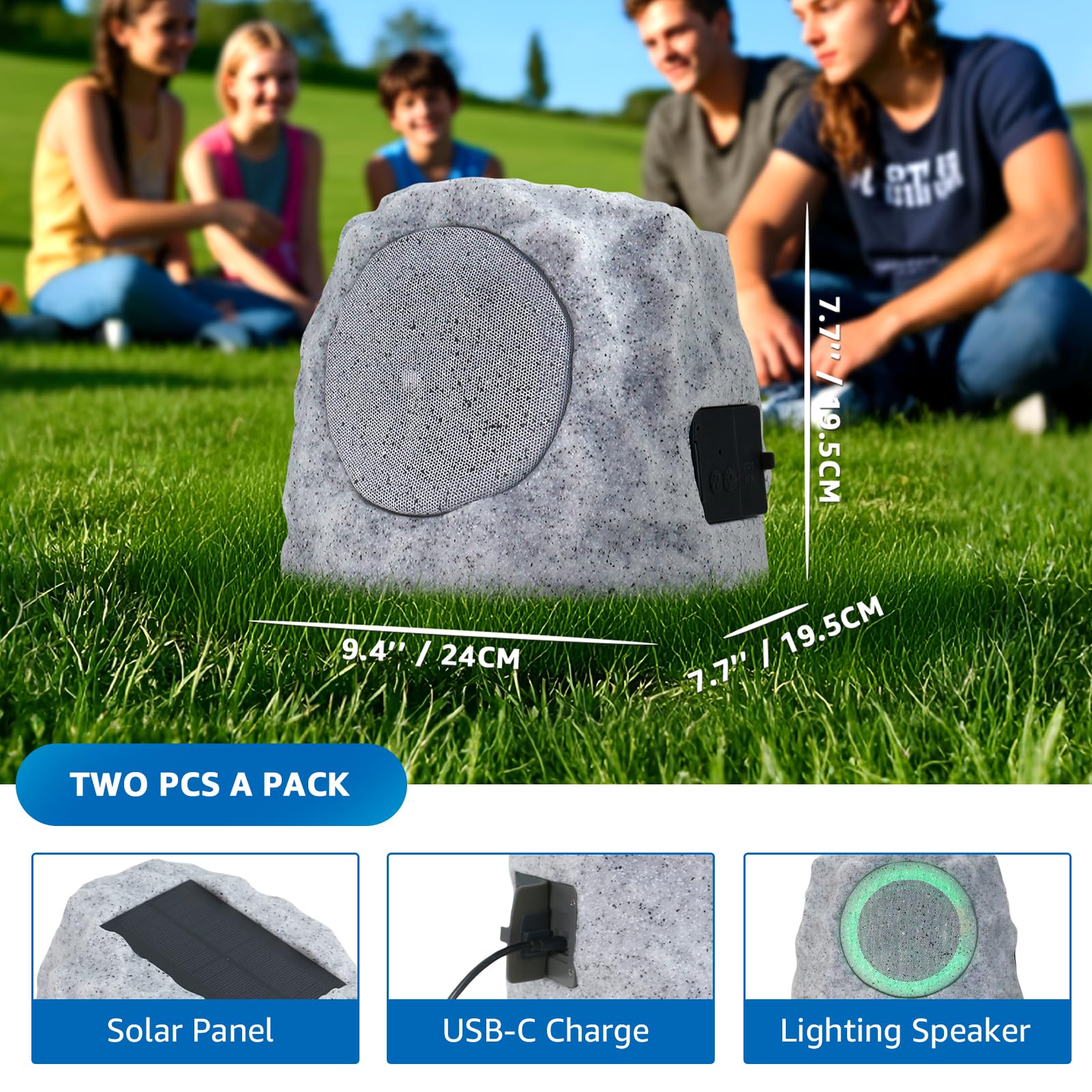 Ggii Rock Speakers Outdoor Waterproof Bluetooth Wireless Solar Powered Rock Speakers Rechargeable Battery 2 Pack With 7 Colors A