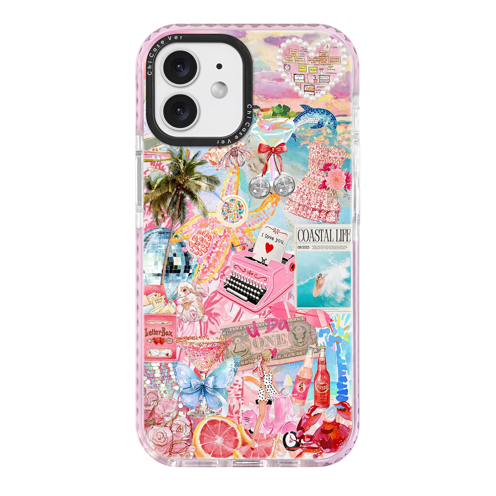 ChiCaseVer for iPhone 12 Case, Coastal Life Pattern with Tropical Collage, Military-Grade Drop Protection, Pink Paradise Soft Sl